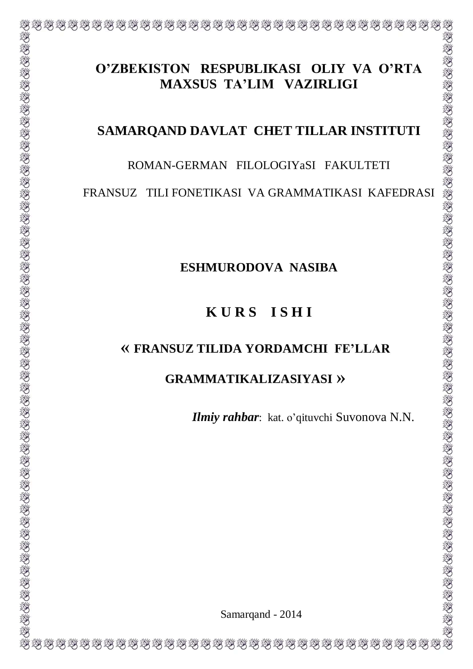 FRANSUZ TILIDA YORDAMCHI FE’LLAR GRAMMATIKALIZASIYASI