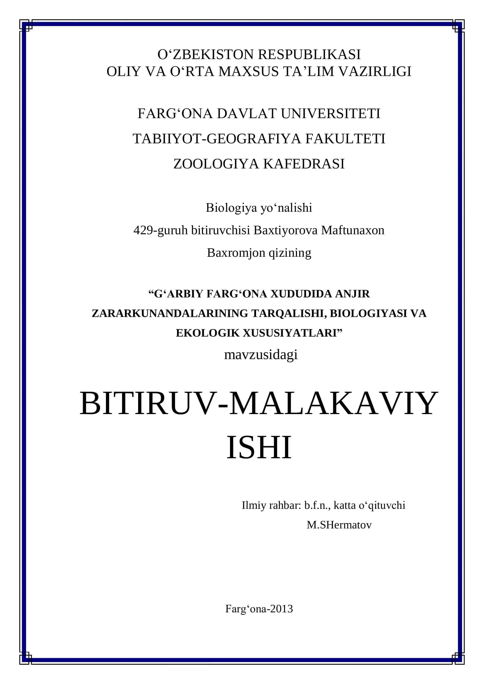 G'ARBIY FARG'ONA XUDUDIDA ANJIR ZARARKUNANDALARINING TARQALISHI, BIOLOGIYASI VA EKOLOGIK XUSUSIYATLARI