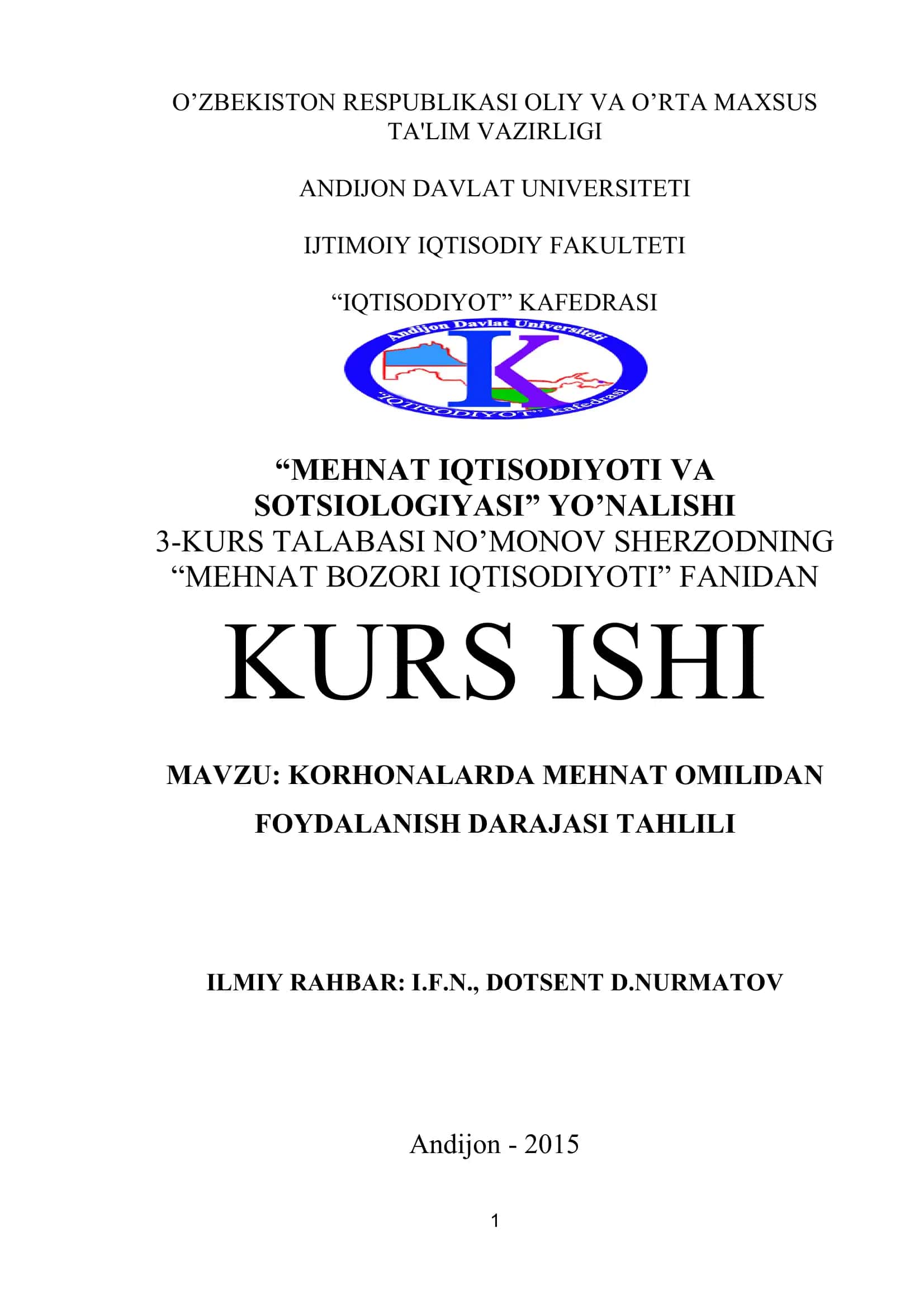 KORHONALARDA MEHNAT OMILIDAN FOYDALANISH DARAJASI TAHLILI