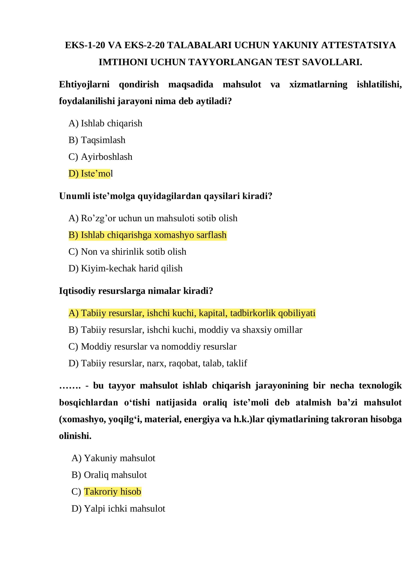 EKS-1-20 VA EKS-2-20 TALABALARI UCHUN YAKUNIY ATTESTATSIYA IMTIHONI UCHUN TAYYORLANGAN TEST SAVOLLARI