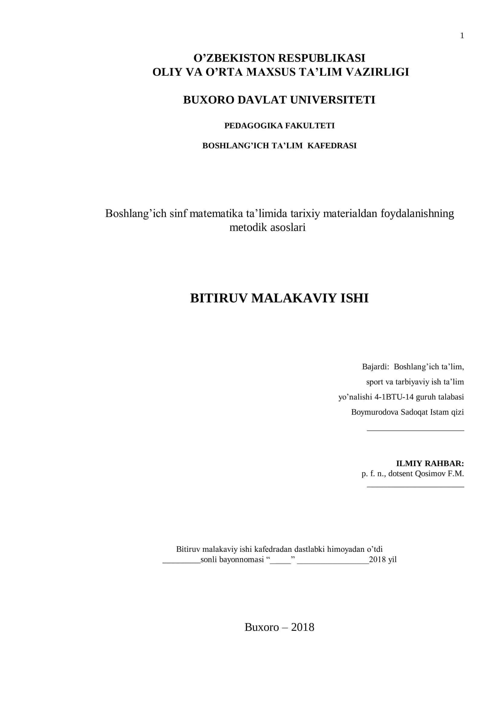 Boshlang’ich sinf matematika ta’limida tarixiy materialdan foydalanishning metodik asoslari