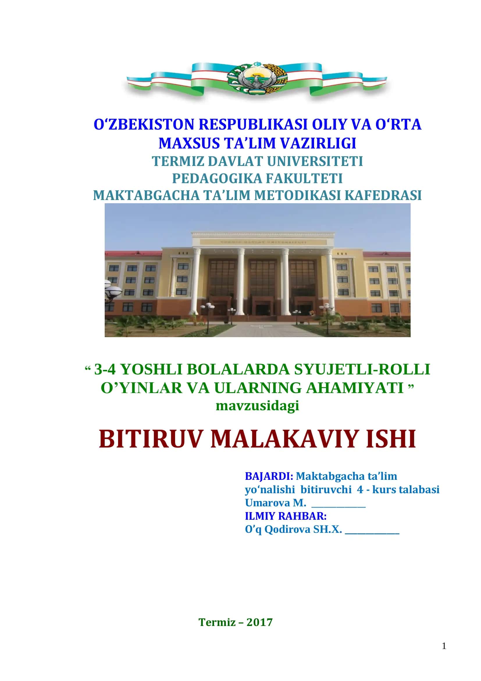 3-4 YOSHLI BOLALARDA SYUJETLI-ROLLI O’YINLAR VA ULARNING AHAMIYATI