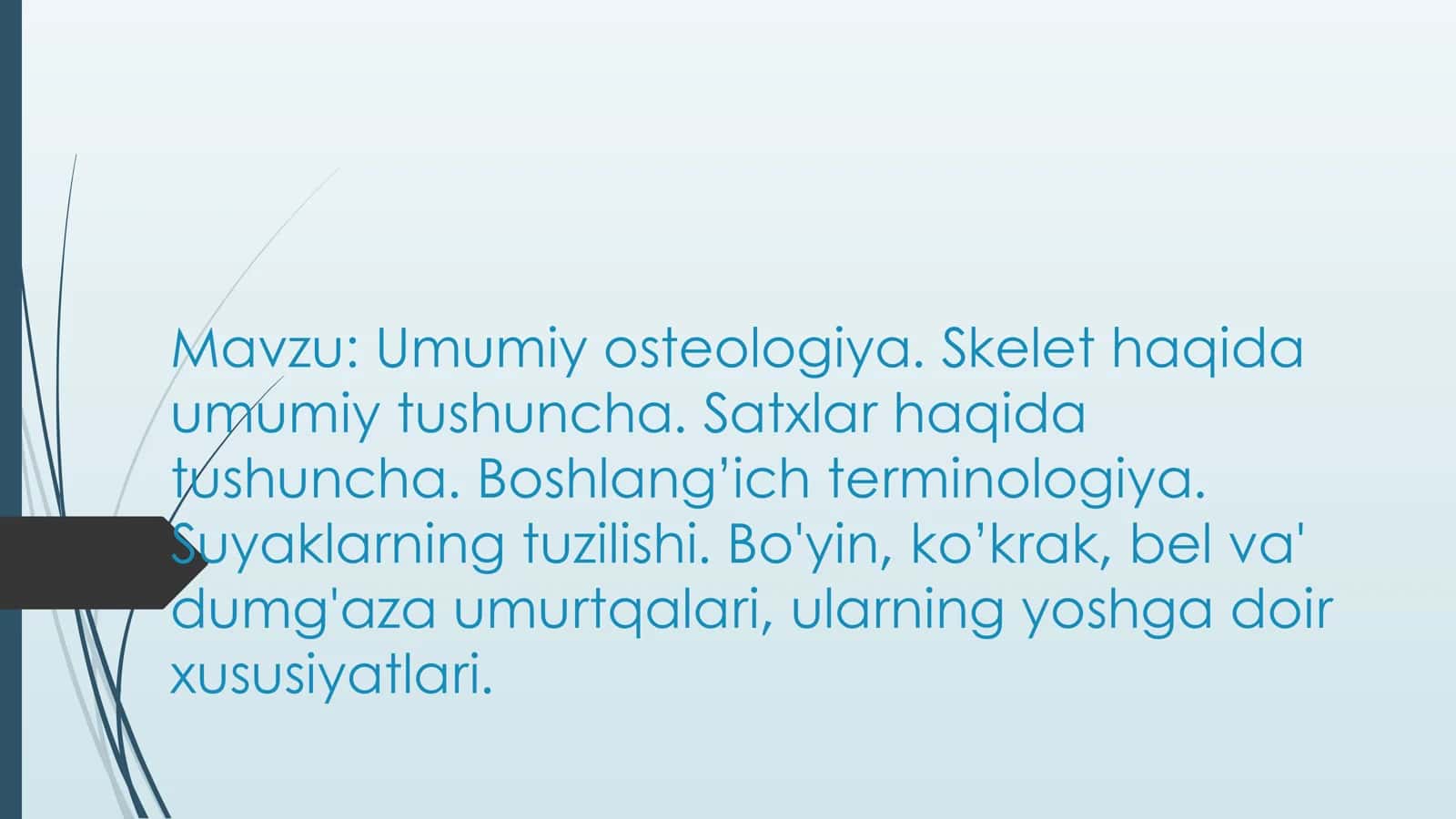 Umumiy osteologiya. Skelet haqida umumiy tushuncha. Satxlar haqida tushuncha. Boshlang’ich te