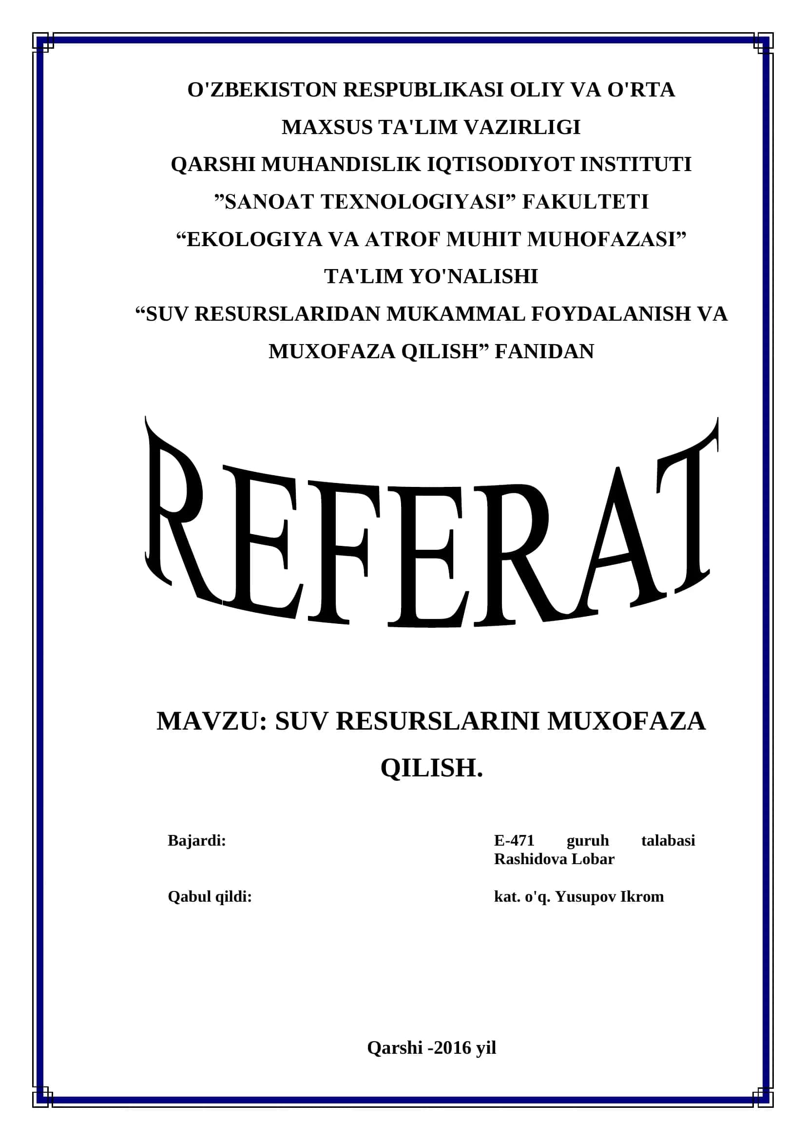 SUV RESURSLARINI MUHOFAZA QILISH