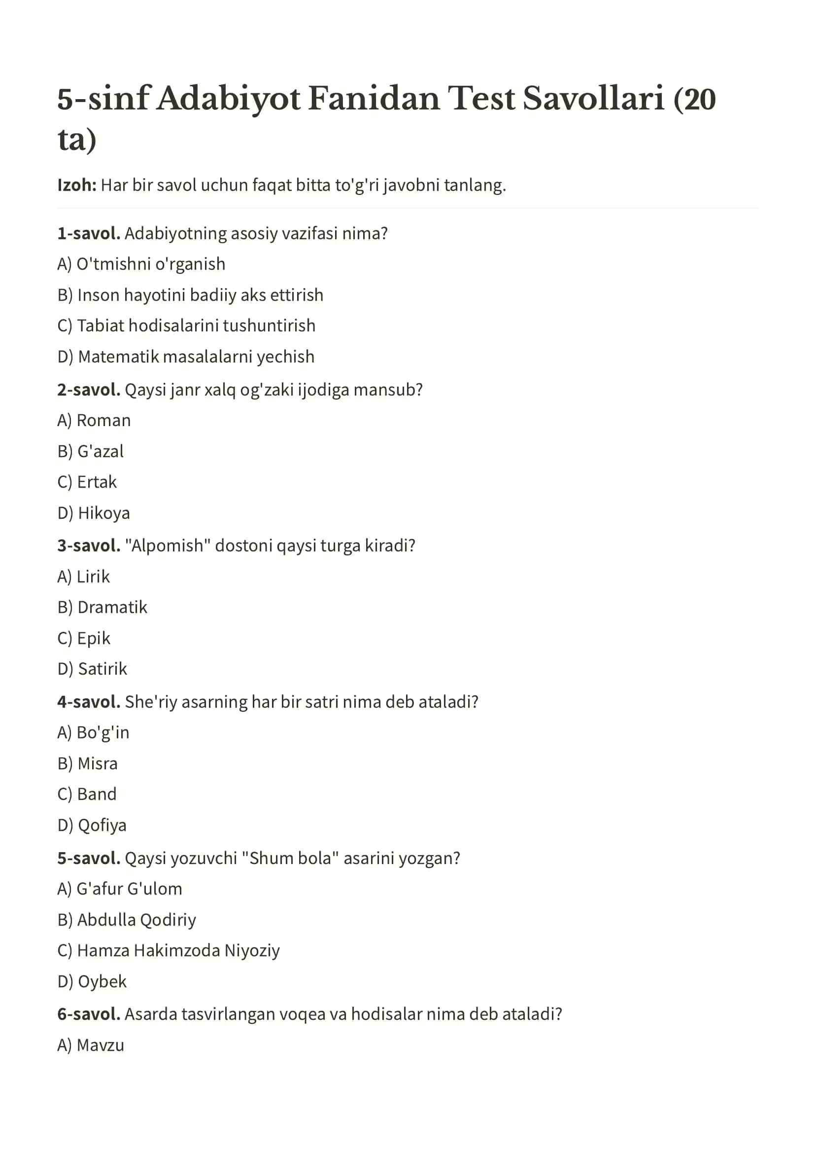 Adabiyot test