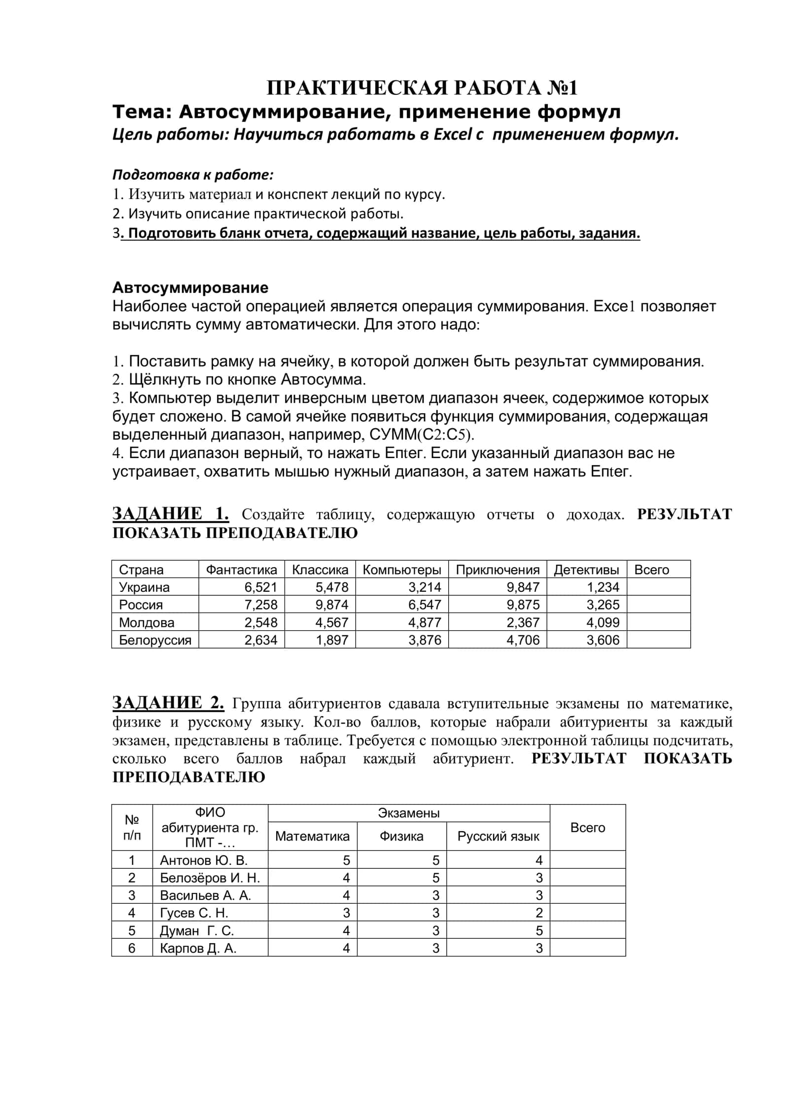 Автосуммирование, применение формул