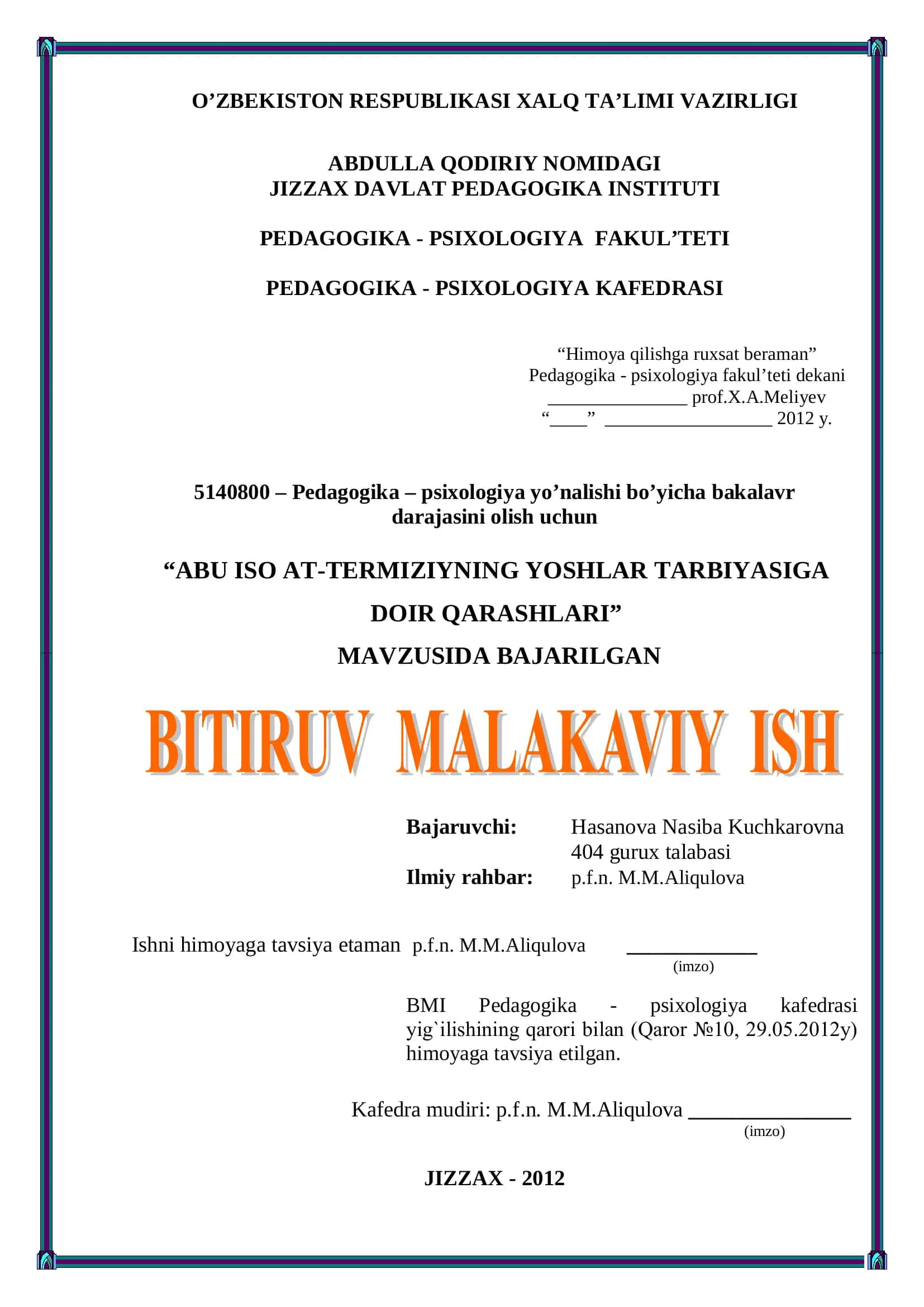 ABU ISO AT-TERMIZIYNING YOSHLAR TARBIYASIGA DOIR QARASHLARI