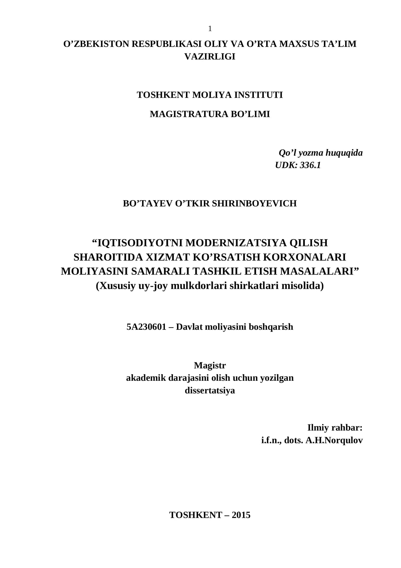 IQTISODIYOTNI MODERNIZATSIYA QILISH SHAROITIDA XIZMAT KO’RSATISH KORXONALARI MOLIYASINI SAMARALI TASHKIL ETISH MASALALARI