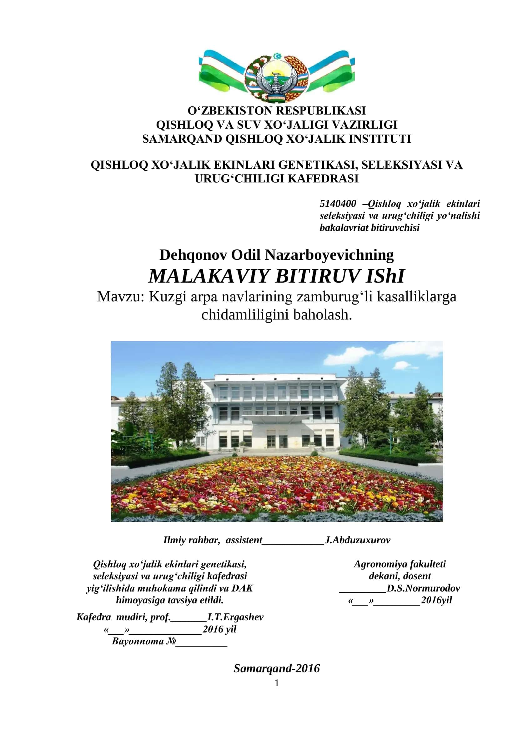 Kuzgi arpa navlarining zamburug„li kasalliklarga