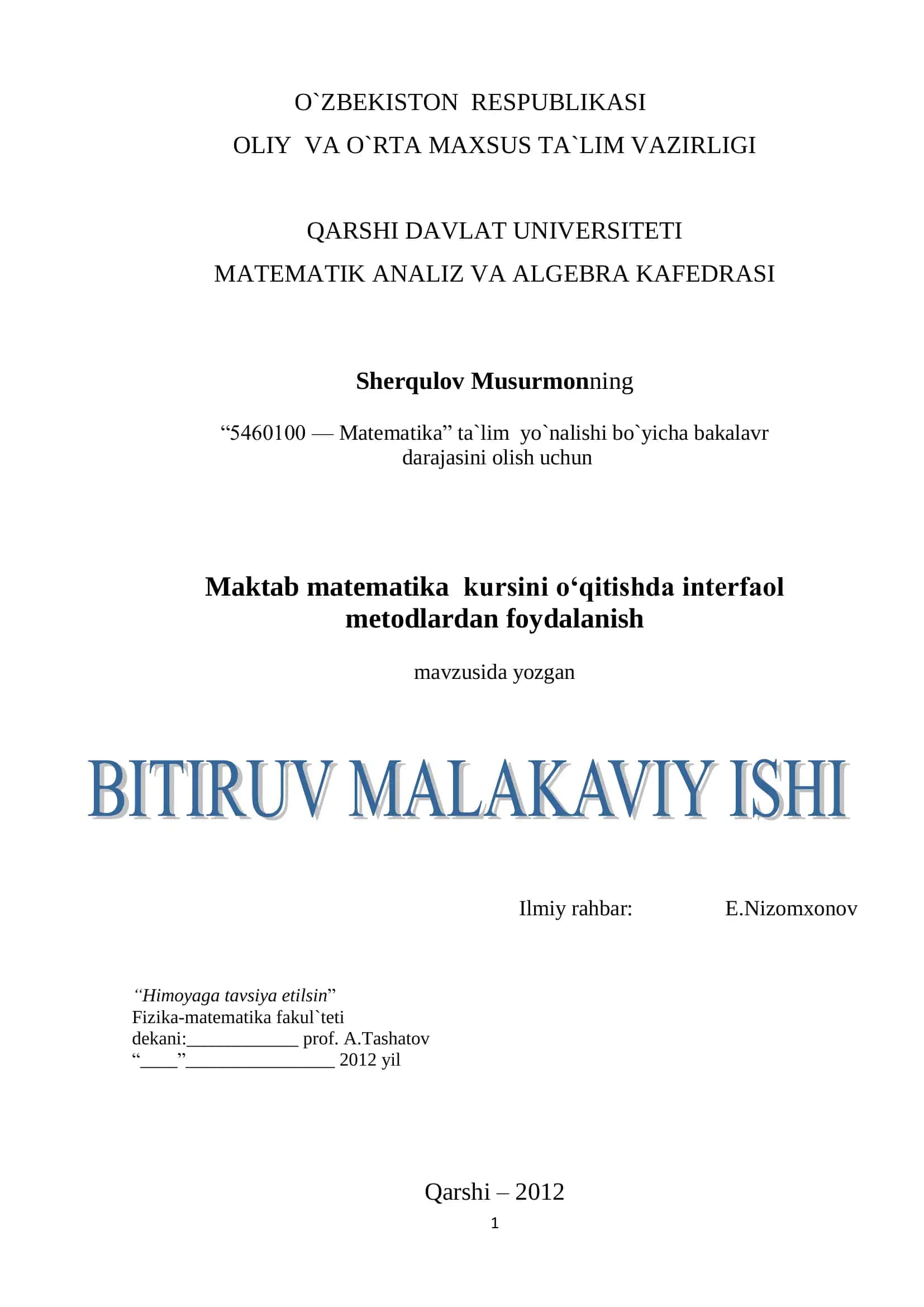 Maktab matematika kursini o‘qitishda interfaol metodlardan foydalanish