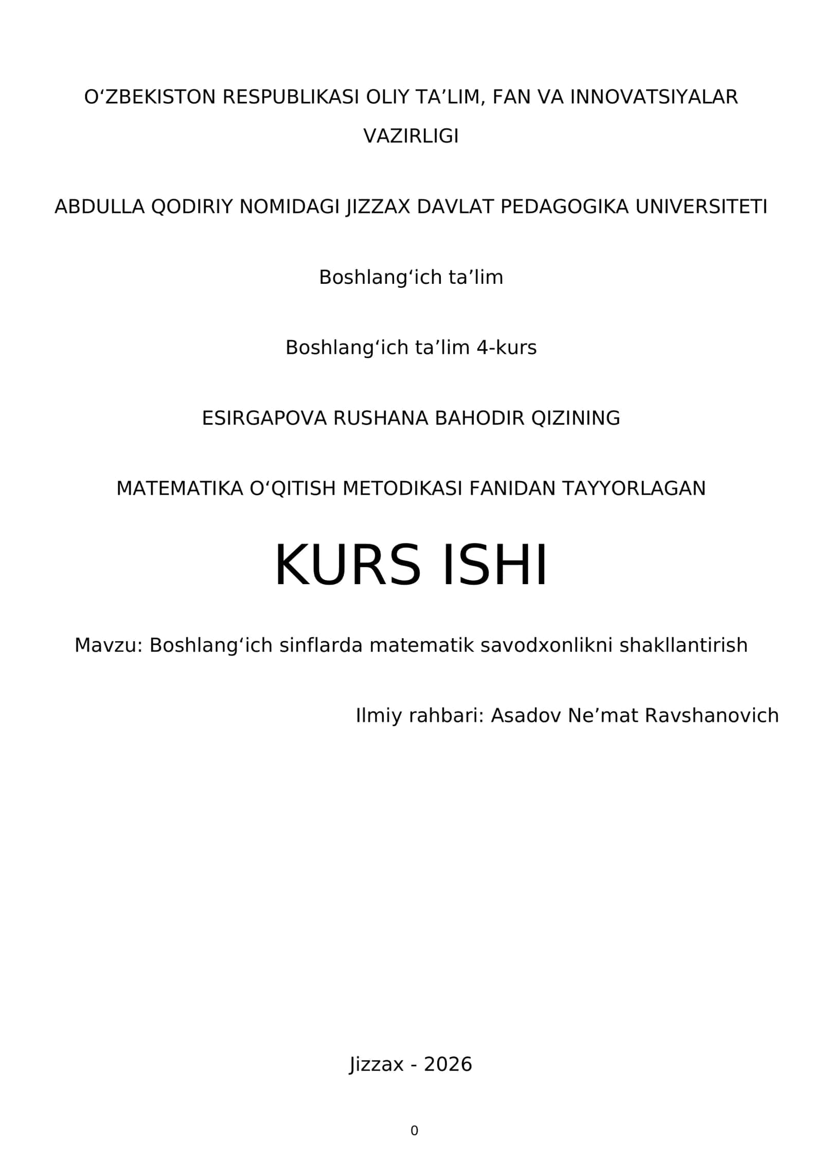 MATEMATIKA OʻQITISH METODIKASI FANIDAN TAYYORLAGAN KURS ISHI