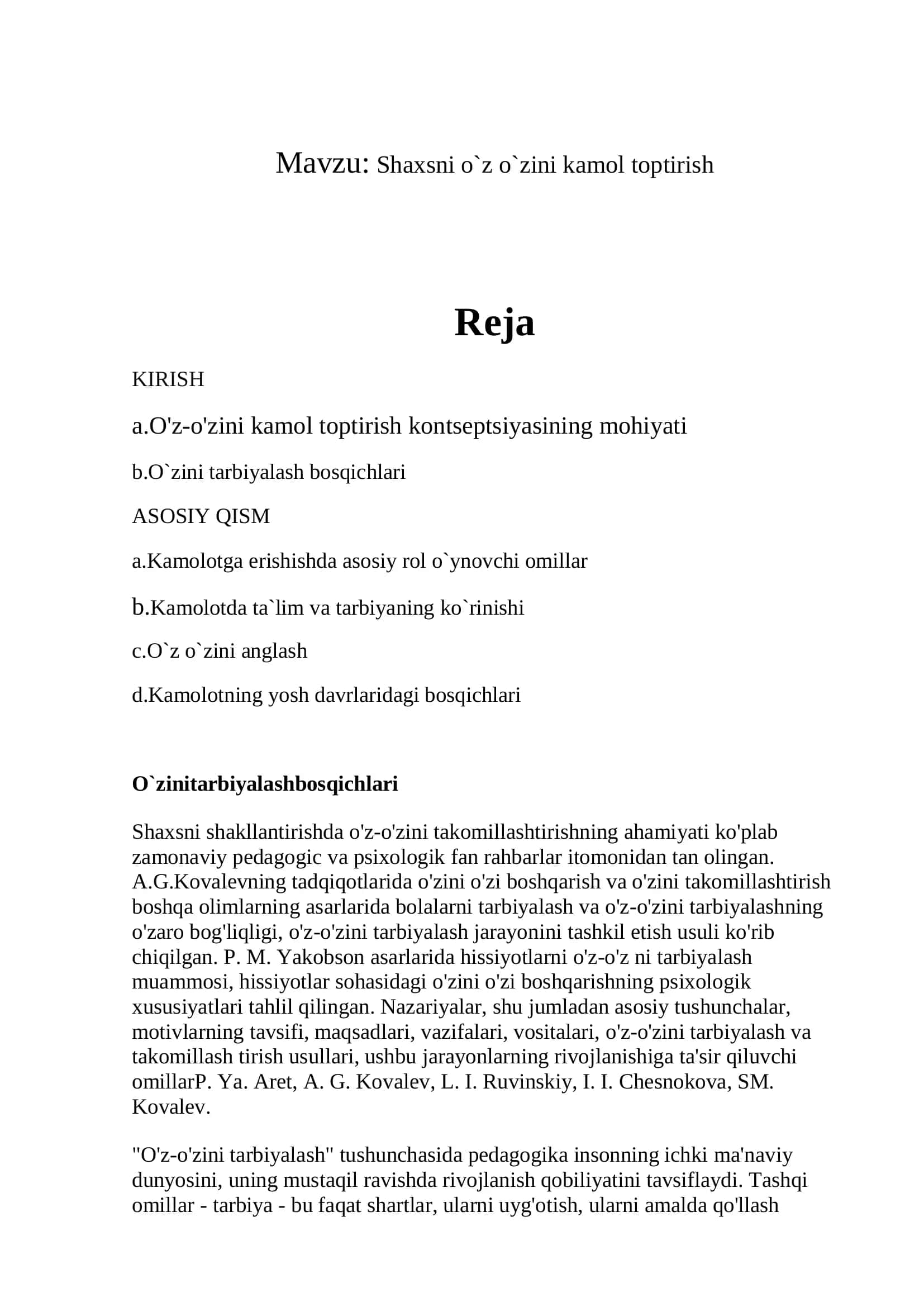 Shaxsni o`z o`zini kamol toptirish