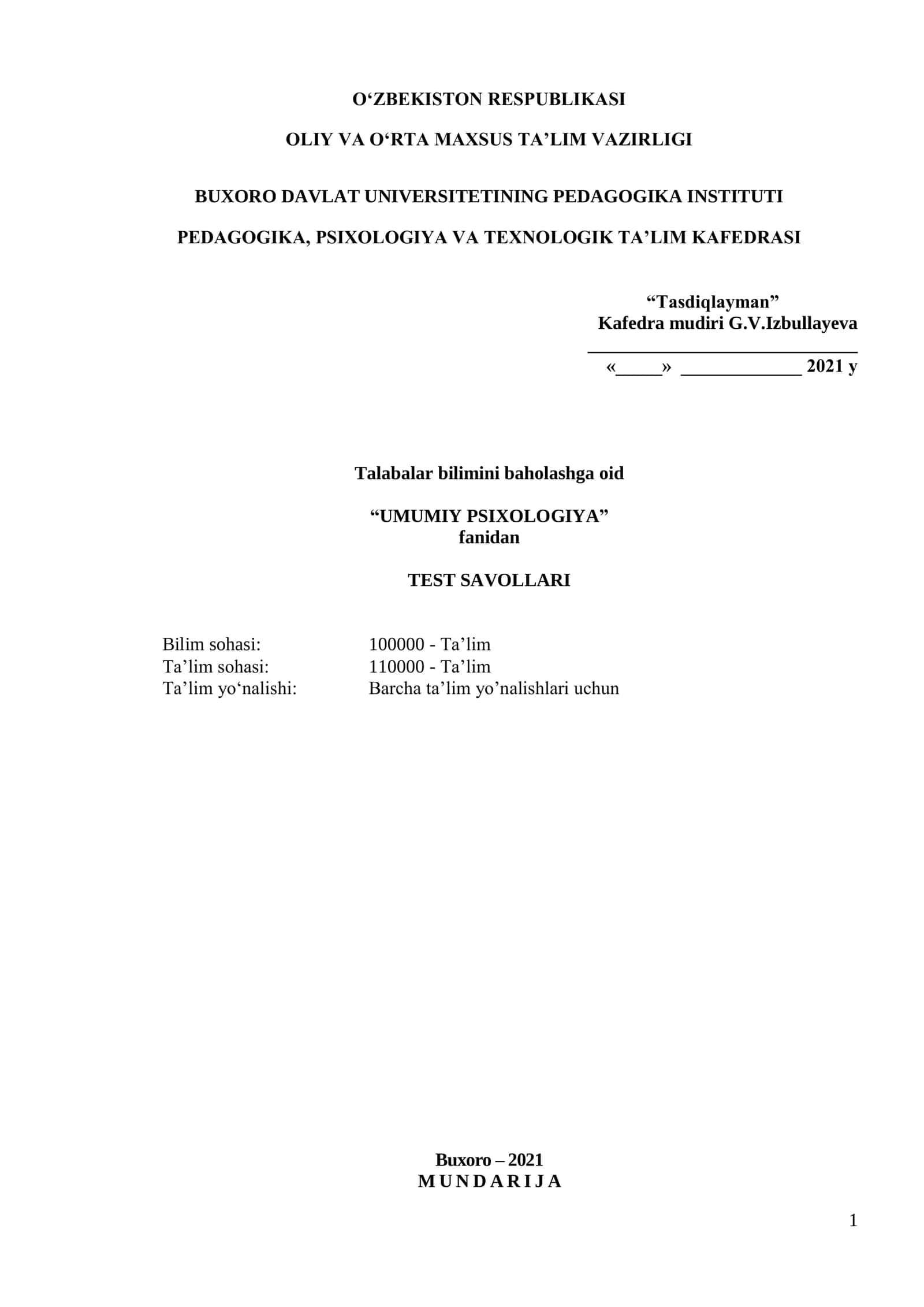HMQA UMUMIY PSIXOLOGIYA TEST SAVOLLARI