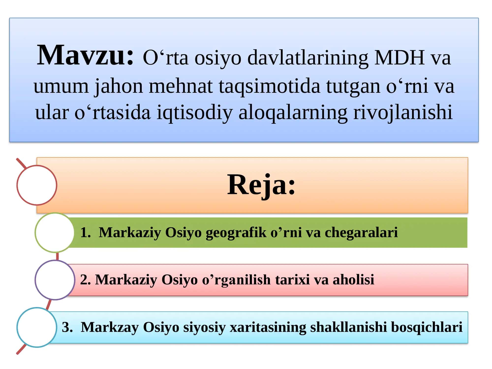 O‘rta Osiyo davlatlarining MDH va umum jahon mehnat taqsimotida tutgan o‘rni va ular o‘rtasida iqtisodiy aloqalarning rivojlanishi