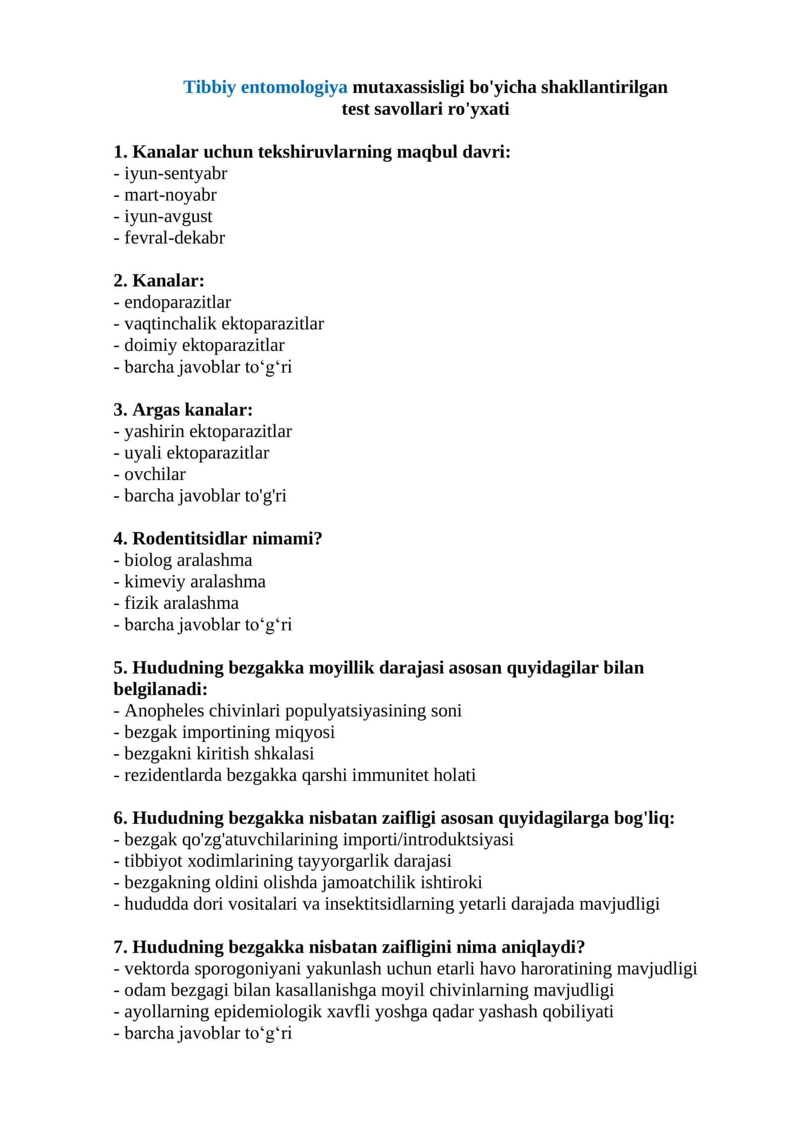 Tibbiy entomologiya test savollari 2026