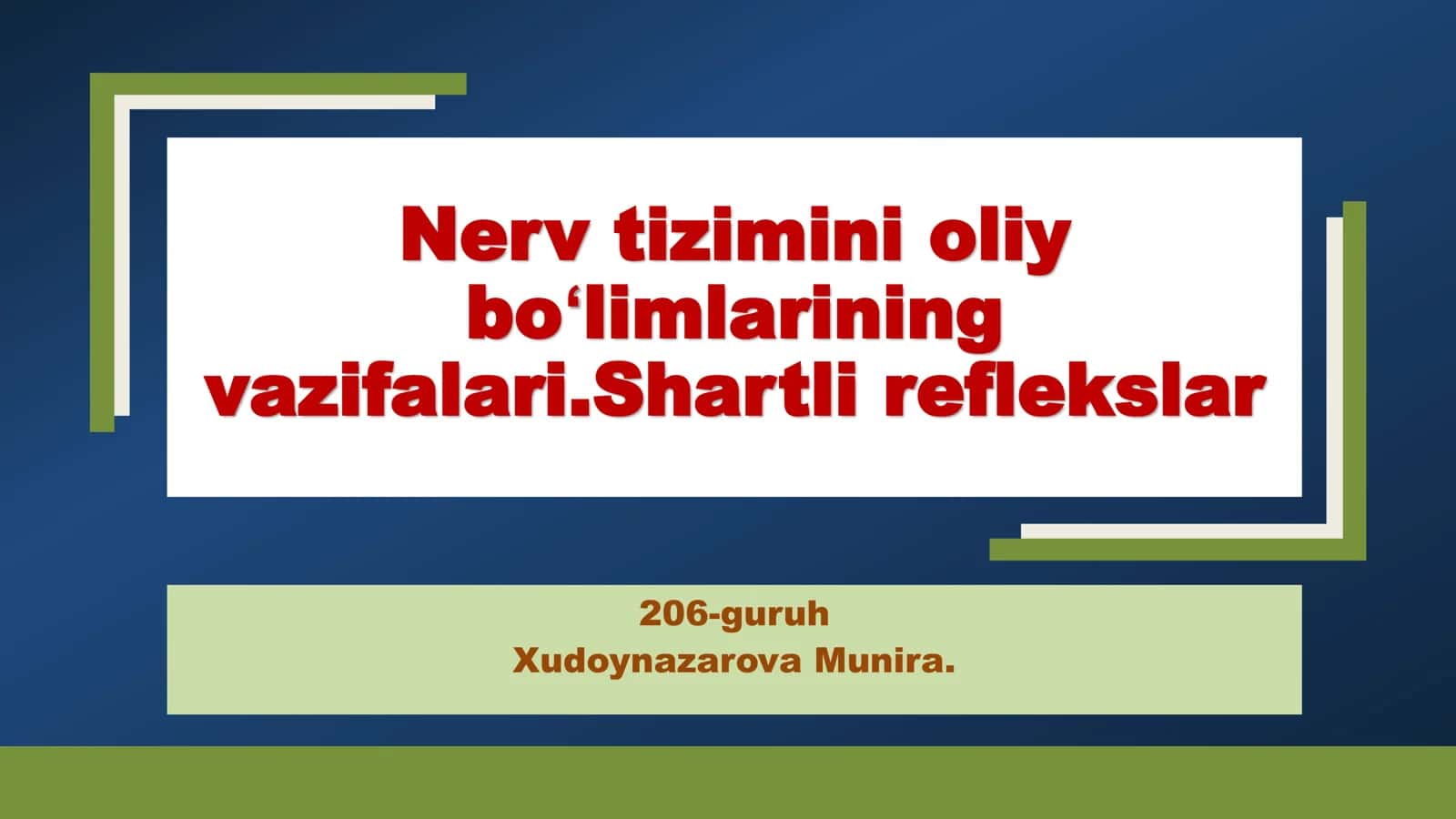 Nerv tizimini oliy boʻlimlarining vazifalari.Shartli reflekslar