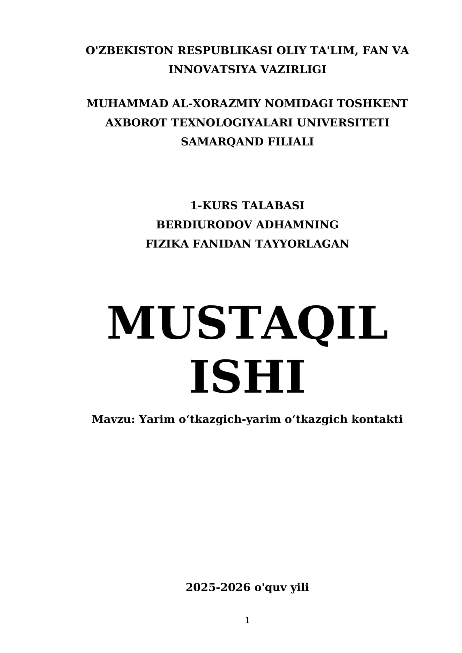 FIZIKA FANIDAN TAYYORLAGAN MUSTAQIL ISHI