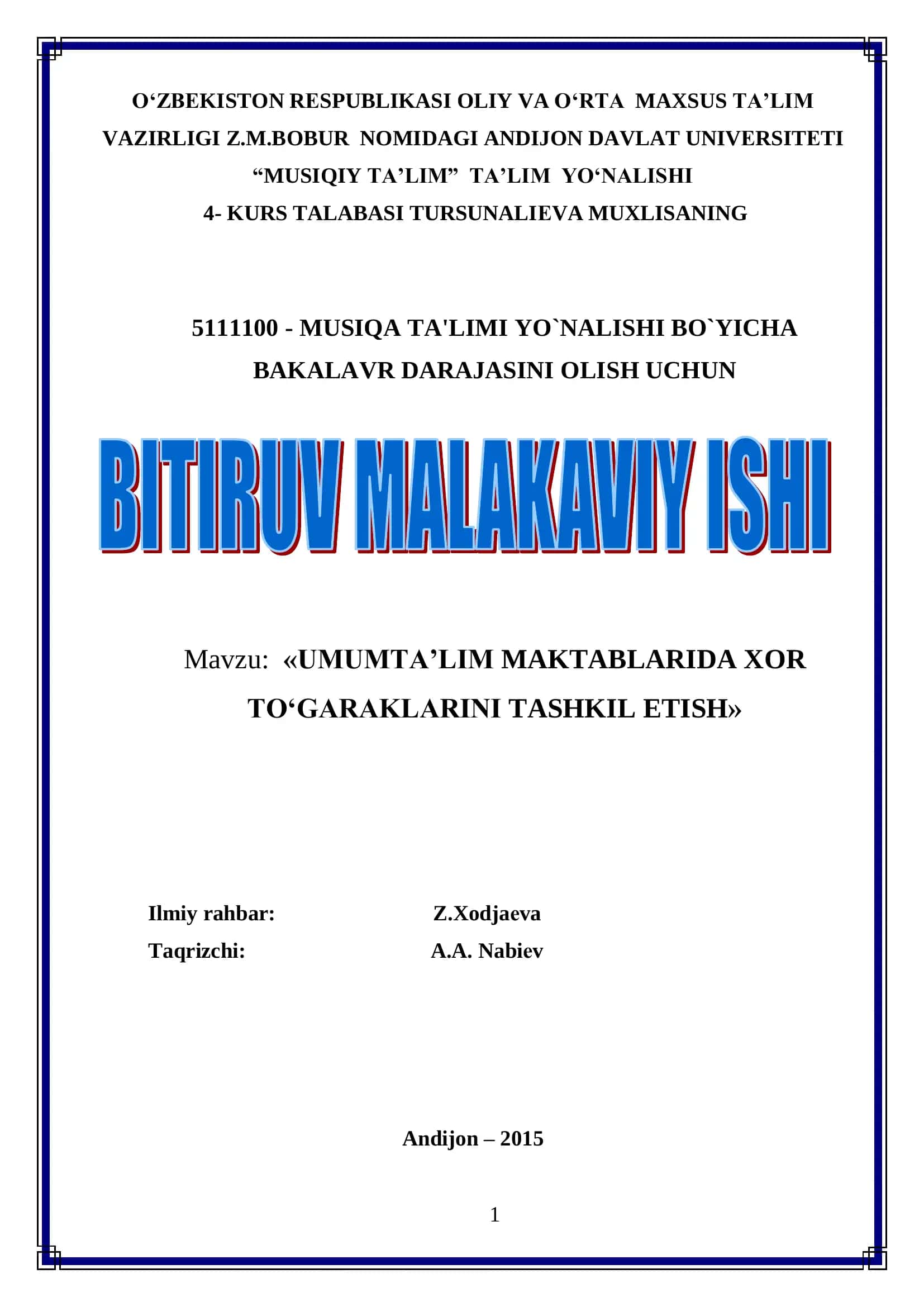 UMUMTALIM MAKTABLARIDA XOR JAMOALARINI TASHKIL ETISH