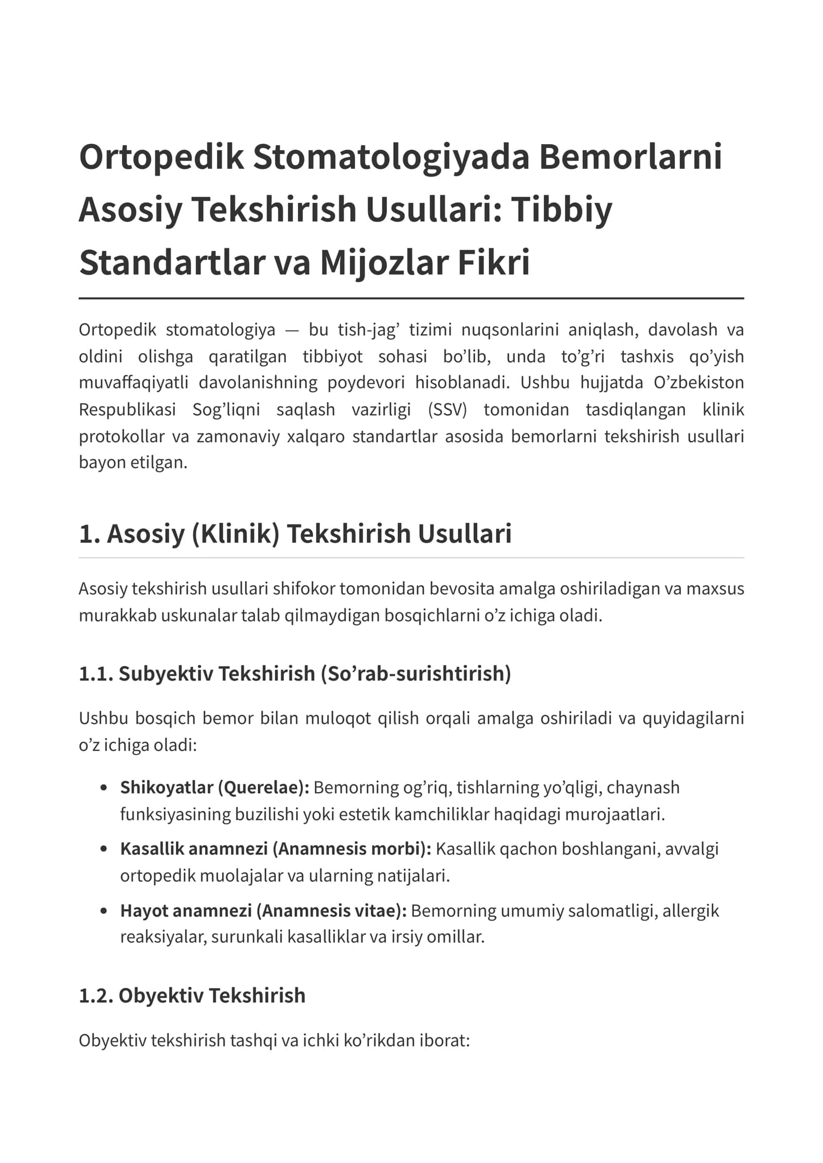 Ortopedik Stomatologiyada Bemorlarni Asosiy Tekshirish Usullari