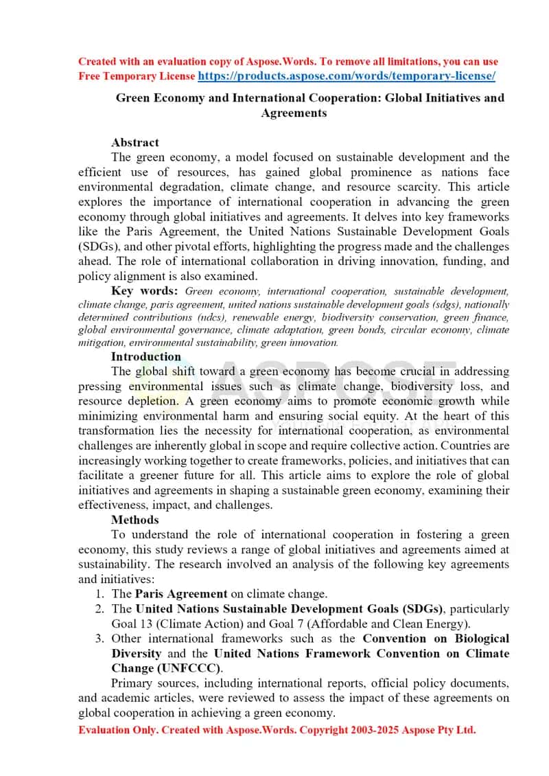 Green Economy and International Cooperation: Global Initiatives and Agreements