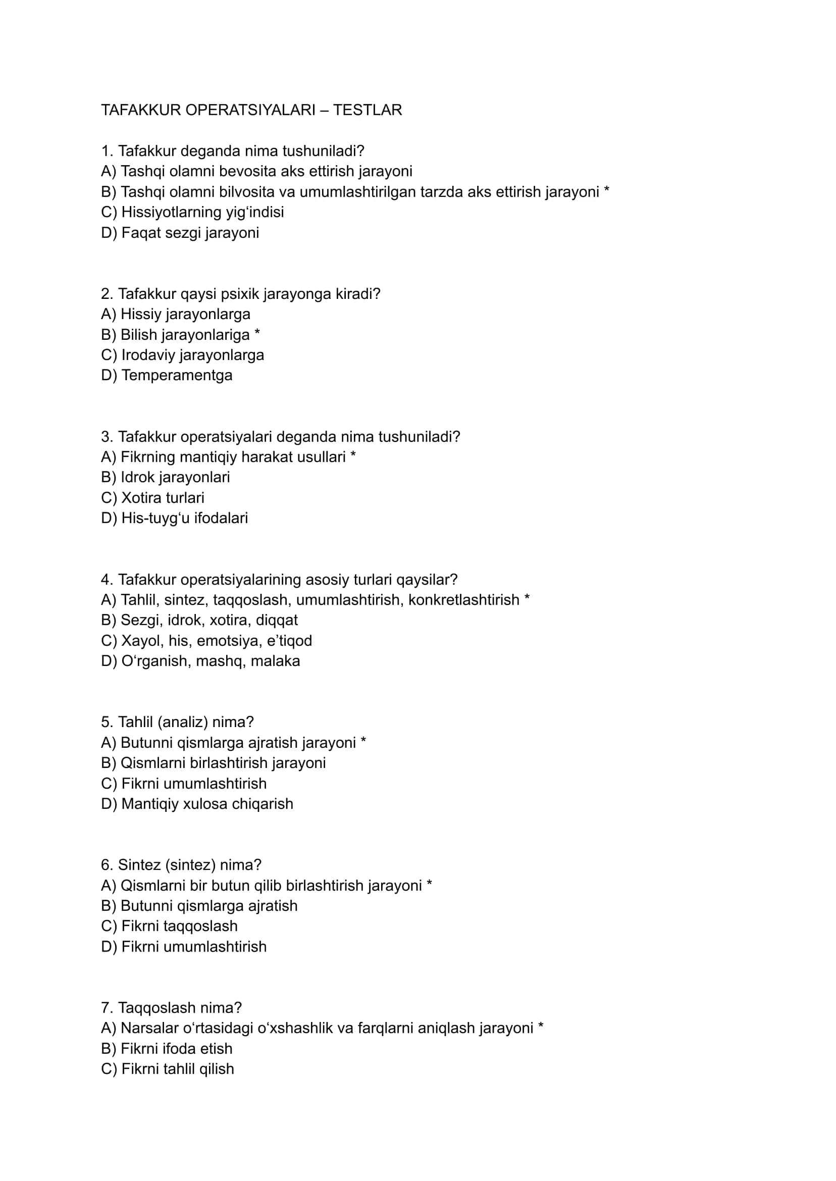 Tafakkur Operatsiyalari – Testlar