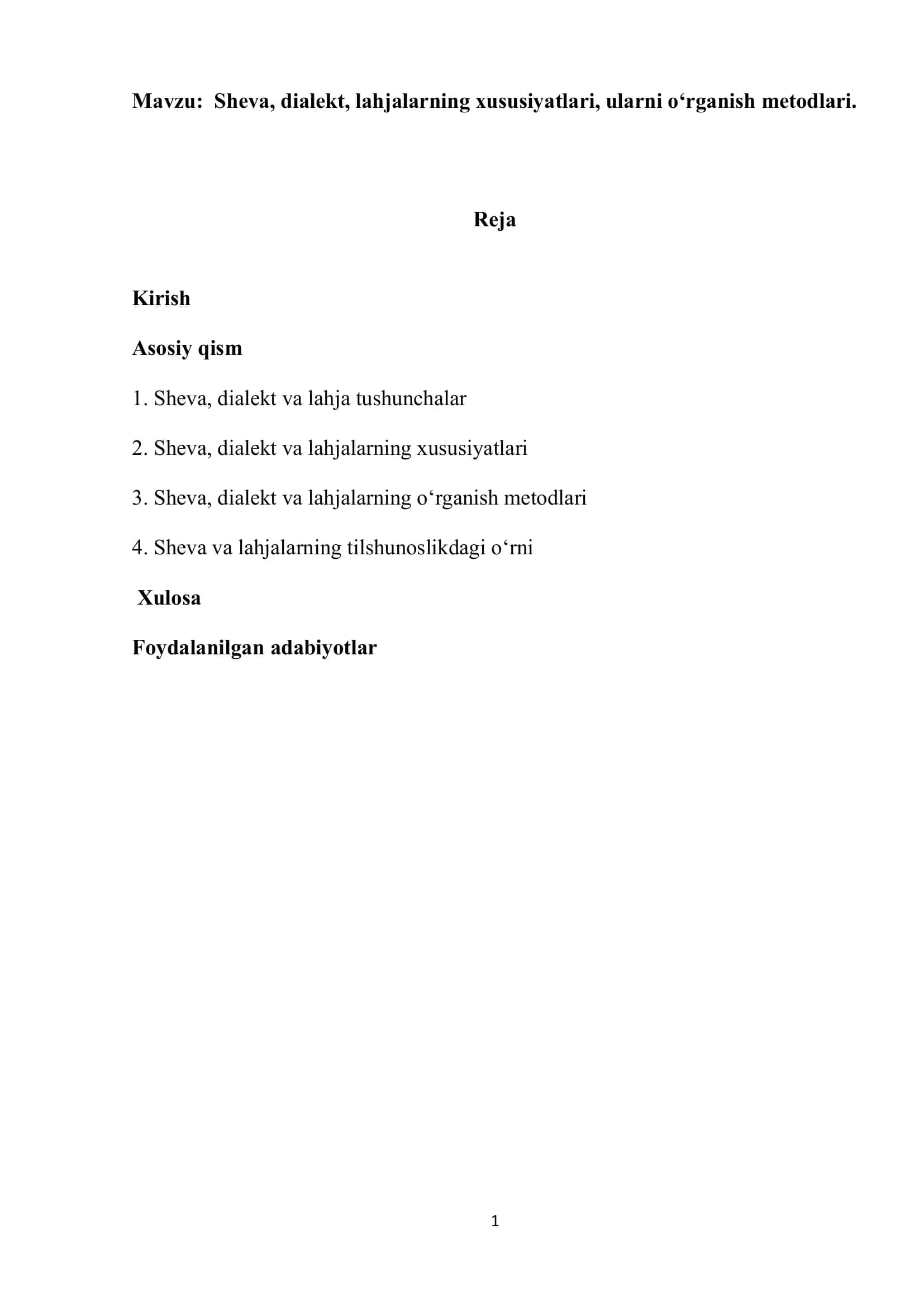 Sheva, dialekt, lahjalarning xususiyatlari, ularni o‘rganish metodlari