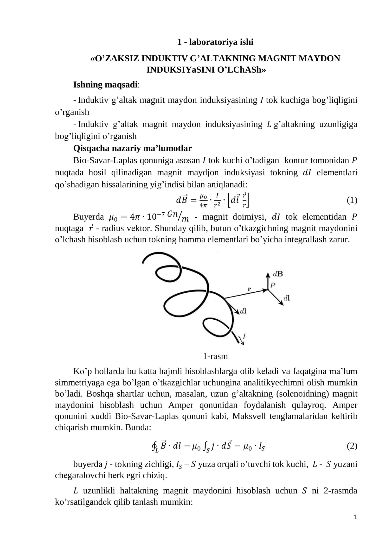 O’ZAKSIZ INDUKTIV G’ALTAKNING MAGNIT MAYDON INDUKSIYaSINI O’LChASh