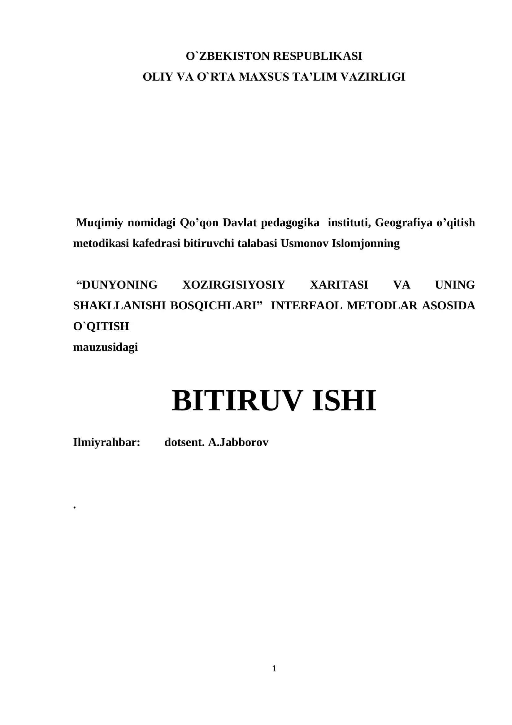 Dunyoning xozirgi siyosiy xaritasi va uning shakllanishi bosqichlari