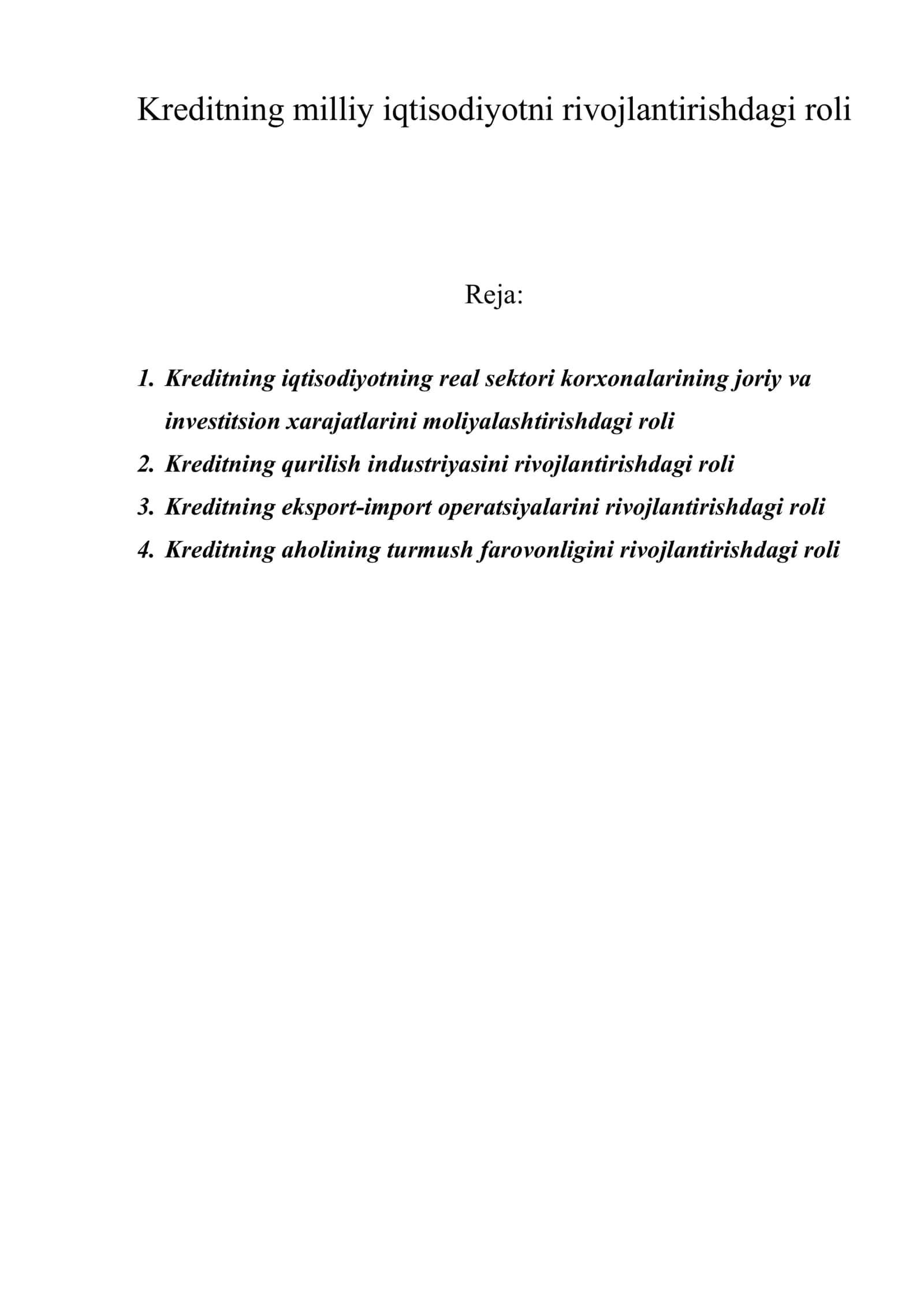 Kreditning milliy iqtisodiyotni rivojlantirishdagi roli