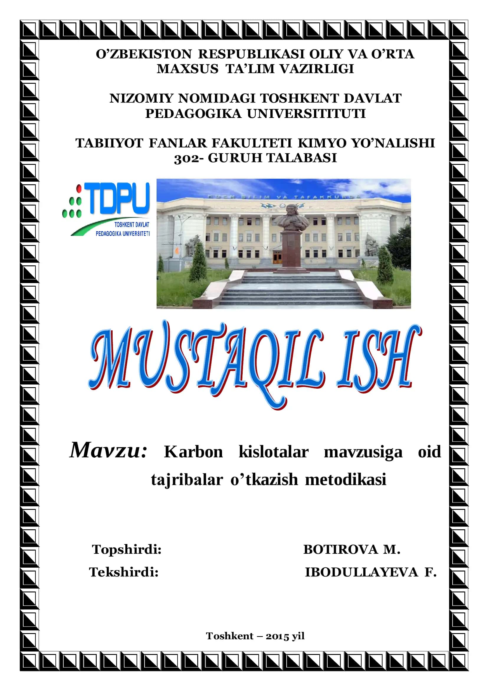 Karbon kislotalar mavzusiga oid tajribalar o’tkazish metodikasi