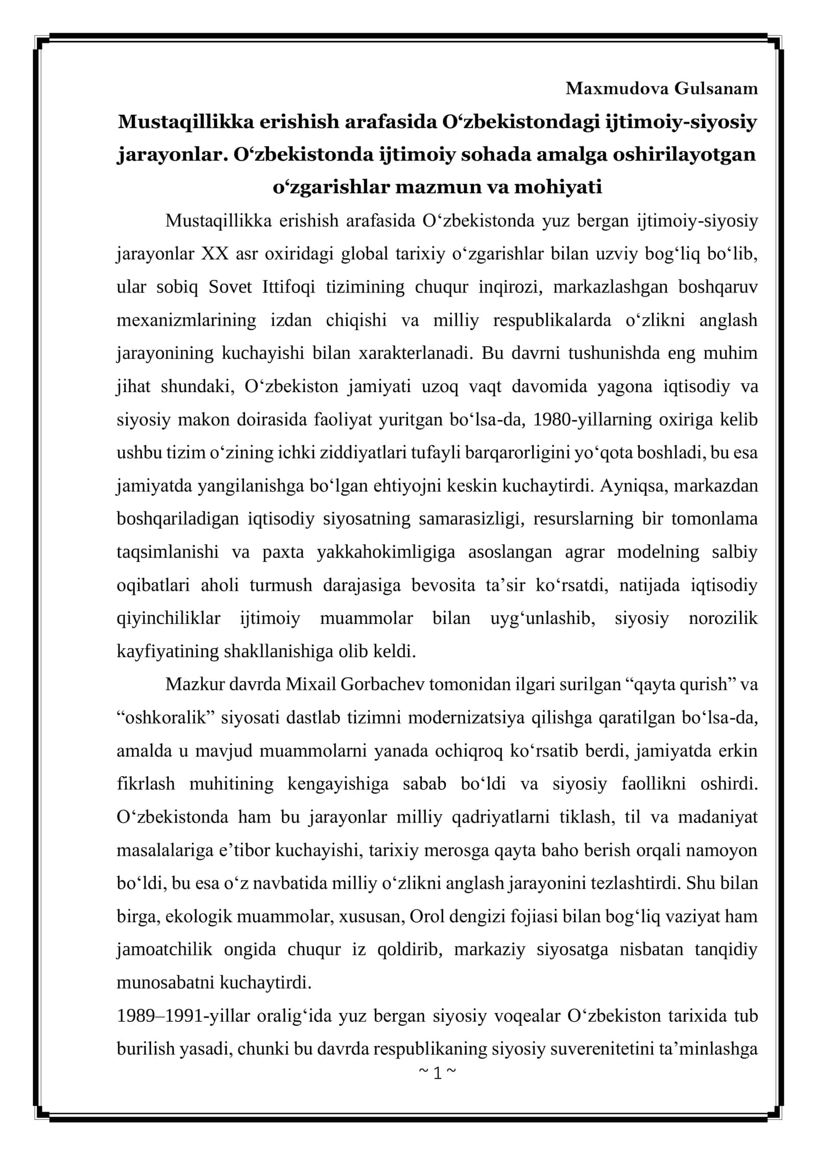 O‘zbekistondagi Mustaqillikka Erishish Arafasida Ijtimoiy-Siyosiy Jarayonlar