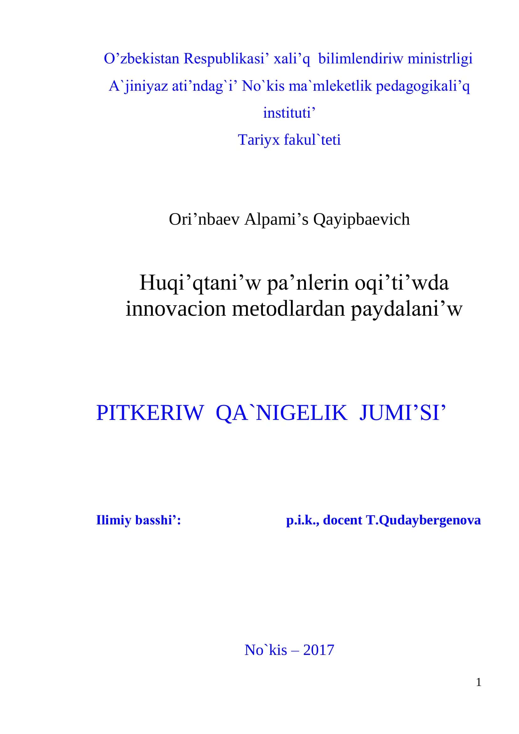 PITKERIW QA`NIGELIK JUMI’SI’