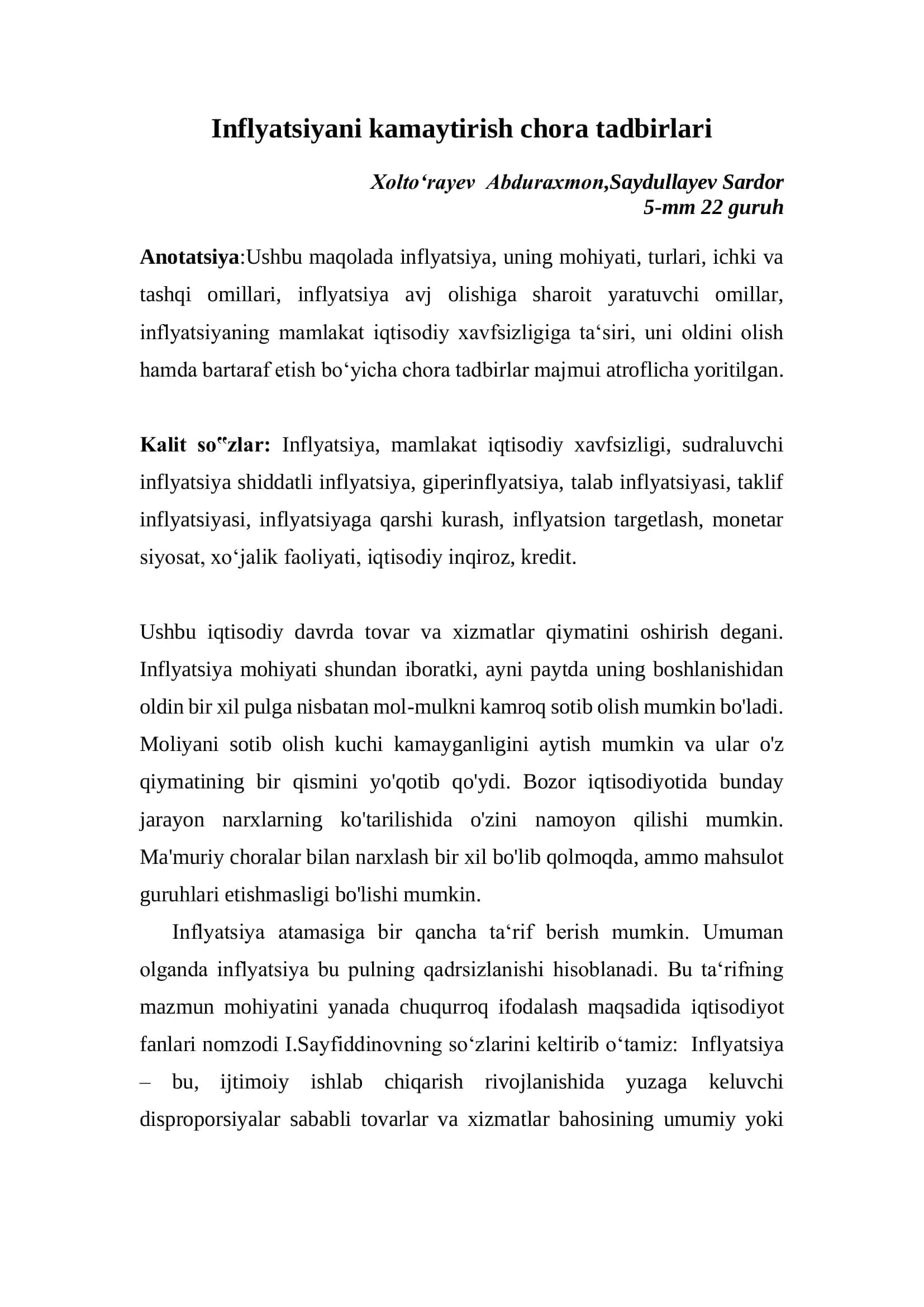 Inflyatsiyani kamaytirish chora tadbirlari