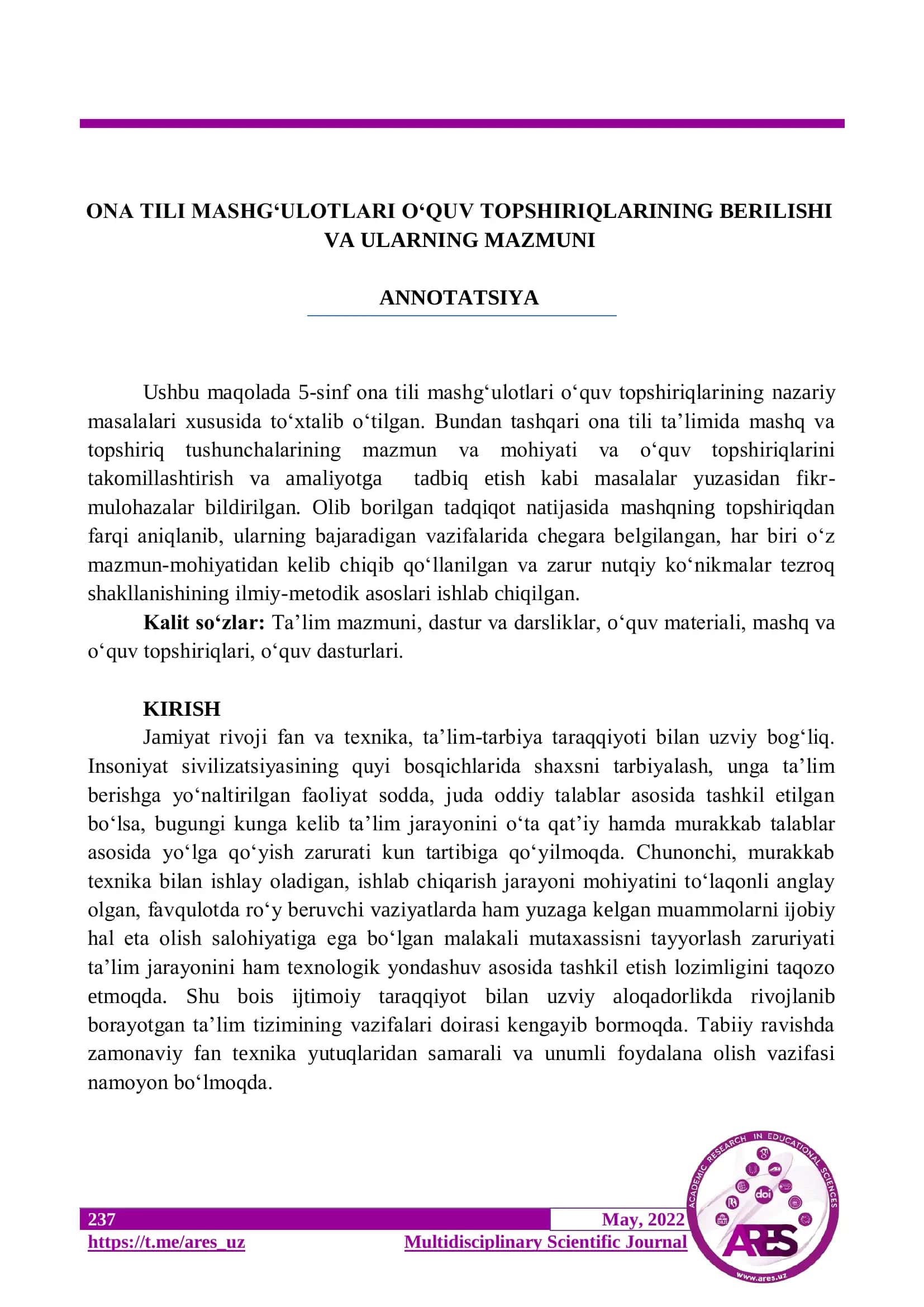 ONA TILI MASHG‘ULOTLARI O‘QUV TOPSHIRIQLARINING BERILISHI VA ULARNING MAZMUNI