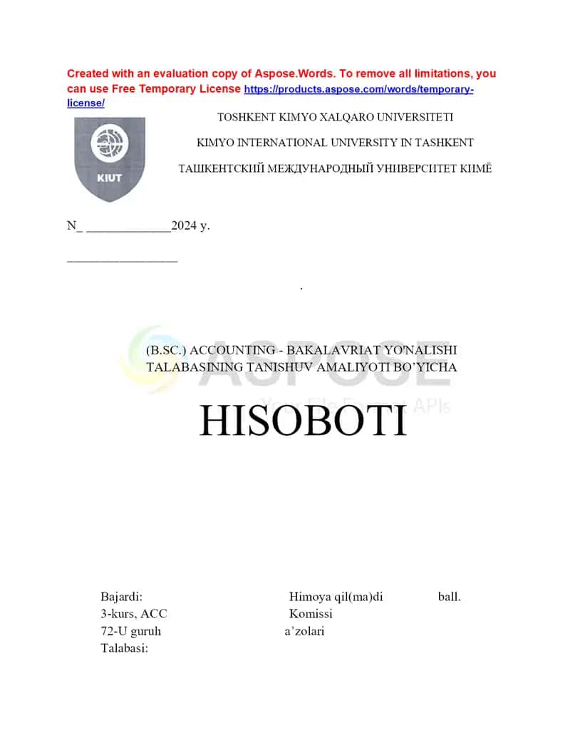 AMALIYOT HISOBOTI. Tashkilot shakli	: Umumiy ovqatlanish (XO‘jalik yurituvchi subyekt)