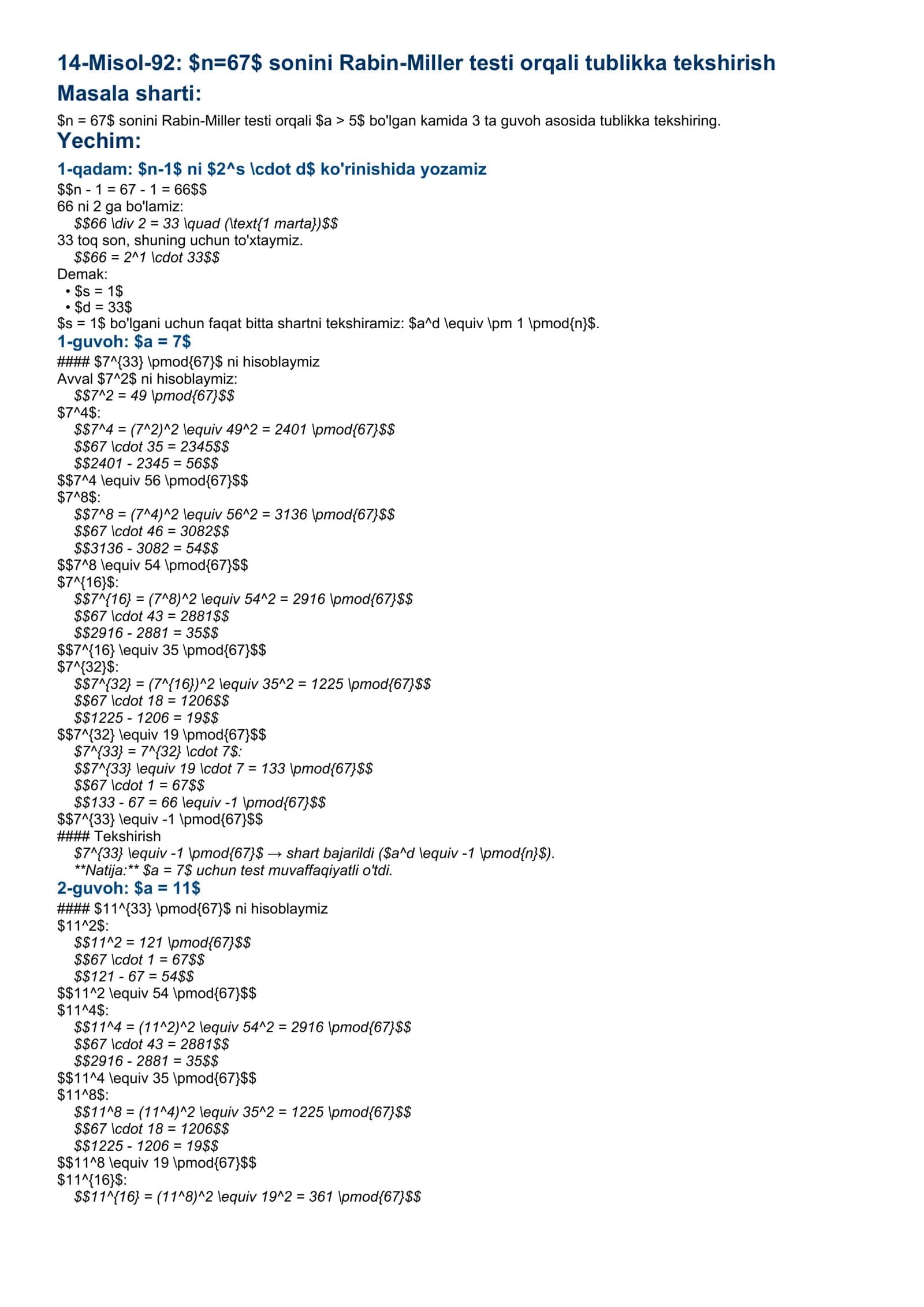 14-Misol-92: $n=67$ sonini Rabin-Miller testi orqali tublikka tekshirish