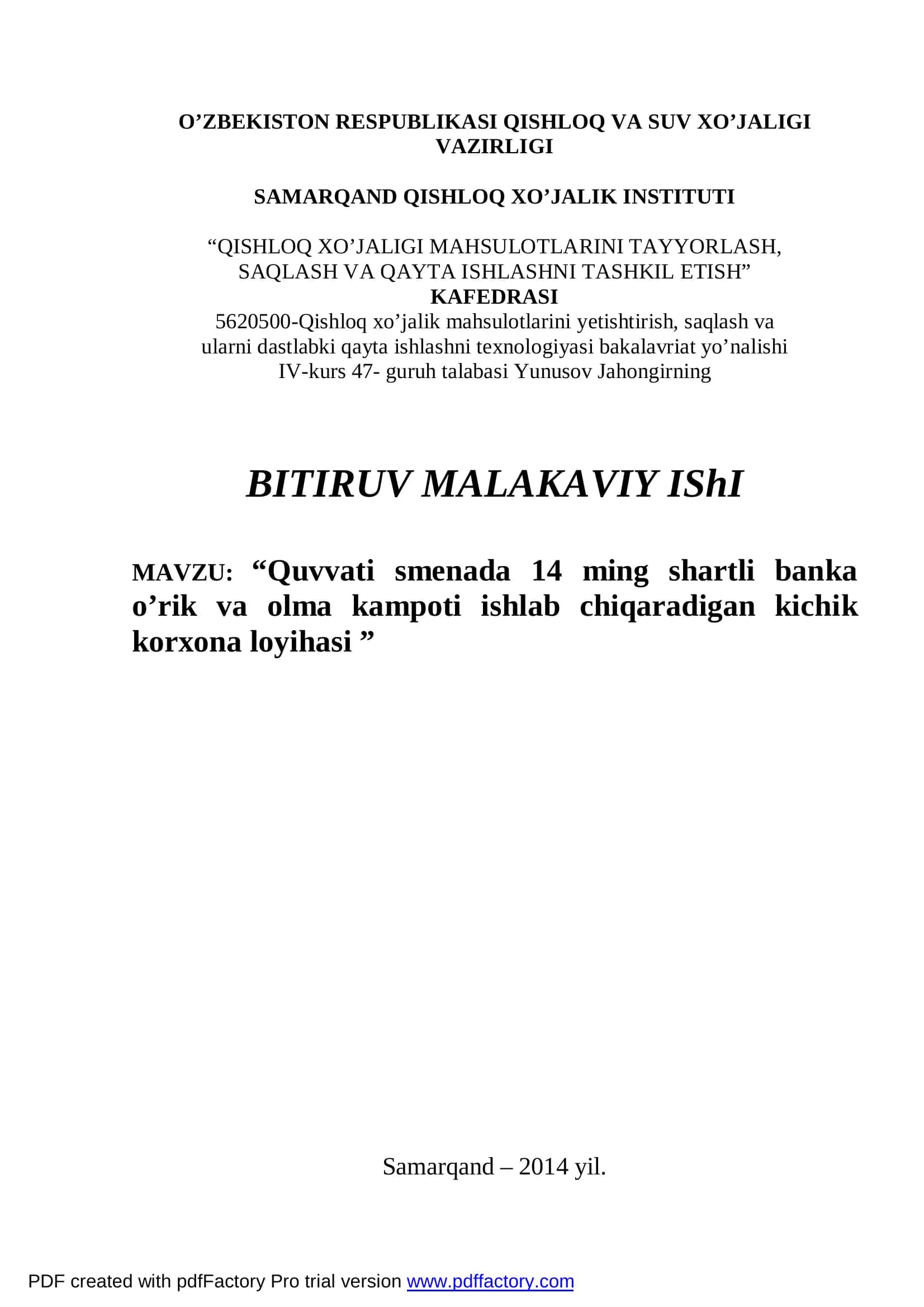 Qishloq xo’jaligi mahsulotlarini tayyorlash, saqlash va qayta ishlashni tashkil etish