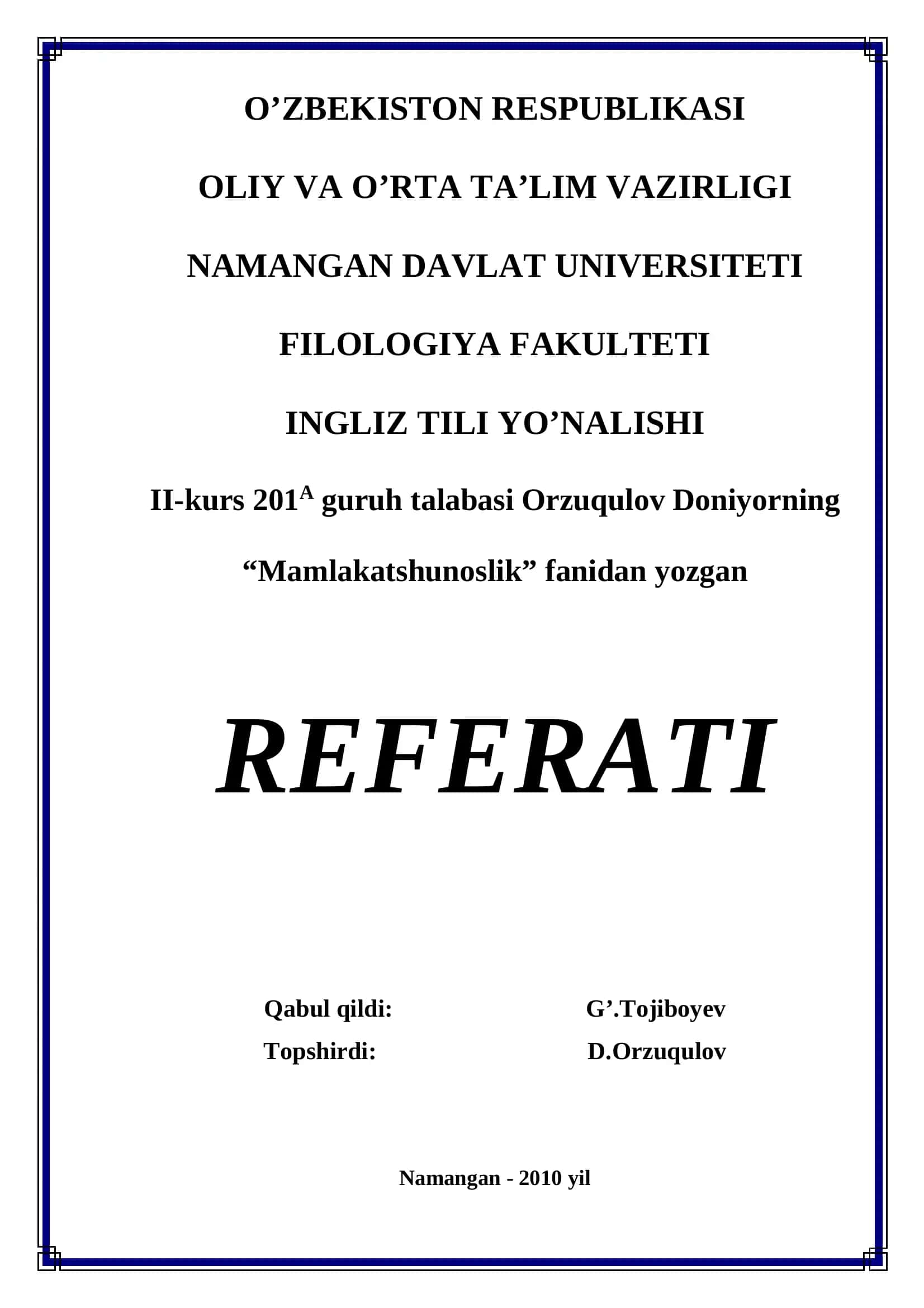 Referat "Mamlakatshunoslik"