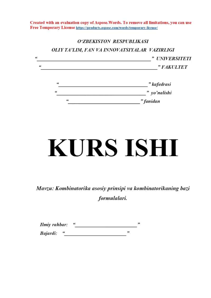 Kombinatorika asosiy prinsipi va kombinatorikaning bazi formulalari.