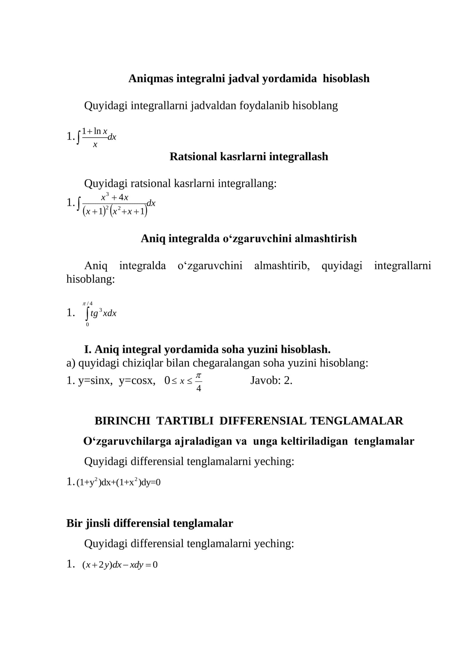 Aniqmas integralni jadval yordamida hisoblash