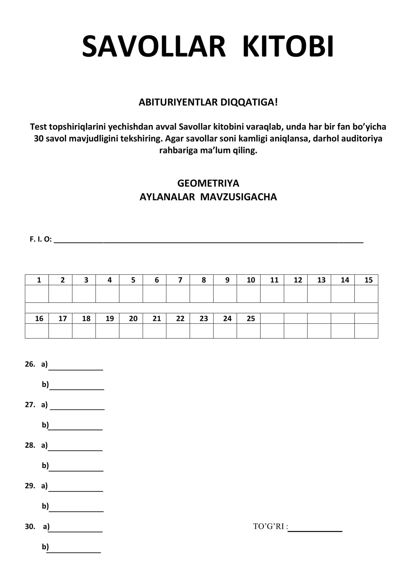 Aylanagacha boʼlgan mavzularga mos savollar