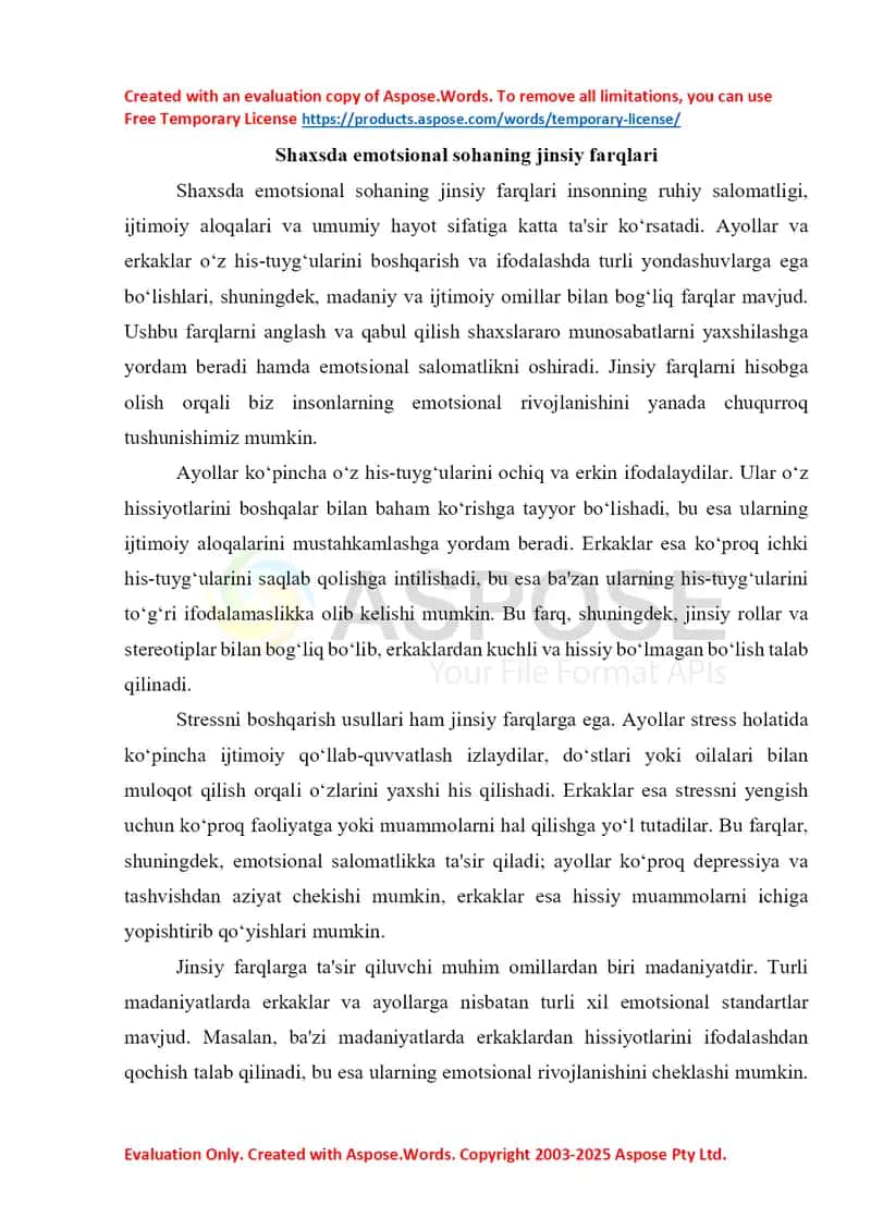 Shaxsda emotsional sohaning jinsiy farqlari