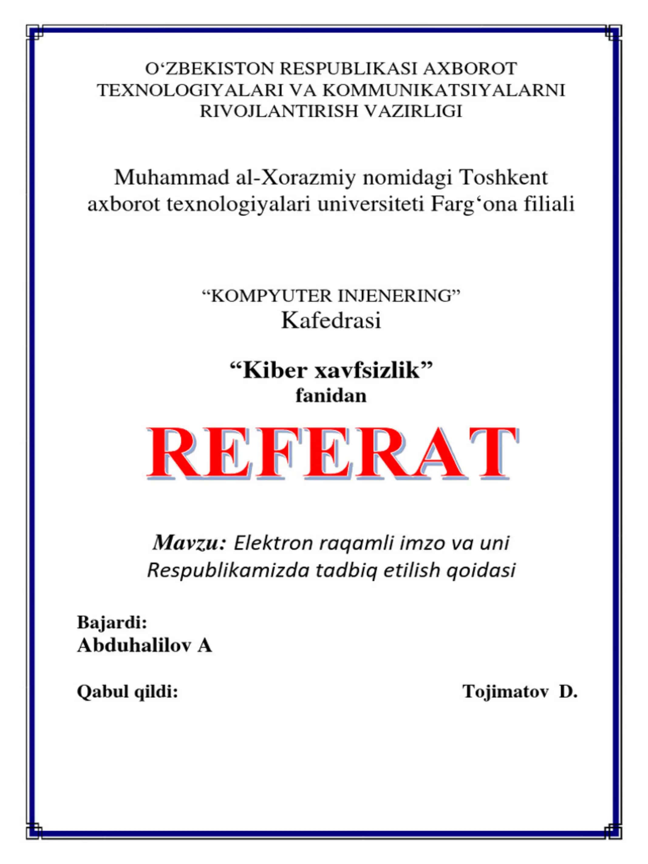 Kiberxavfsizlik haqida referat