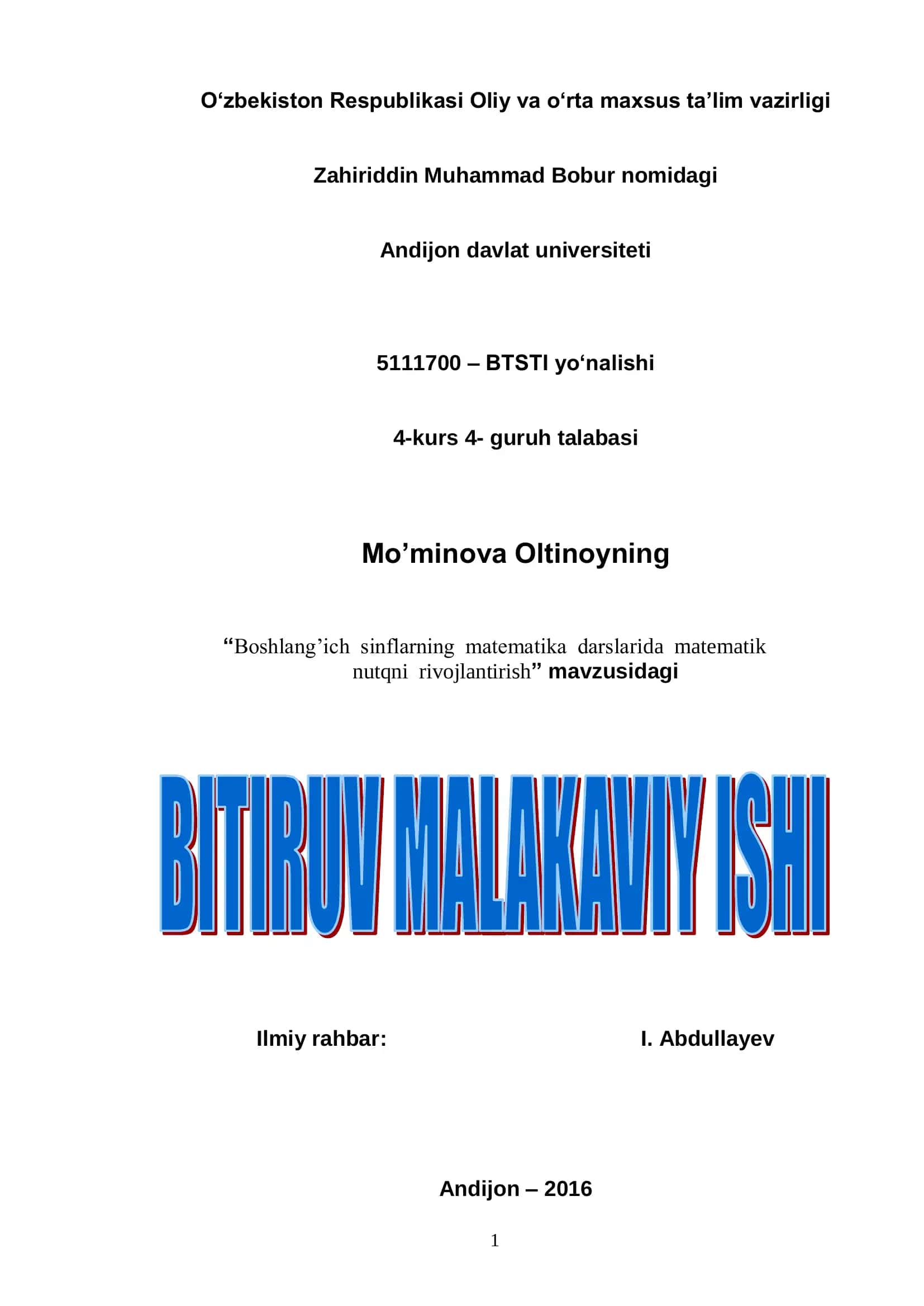 Boshlang’ich sinflarning matematika darslarida matematik nutqni rivojlantirish
