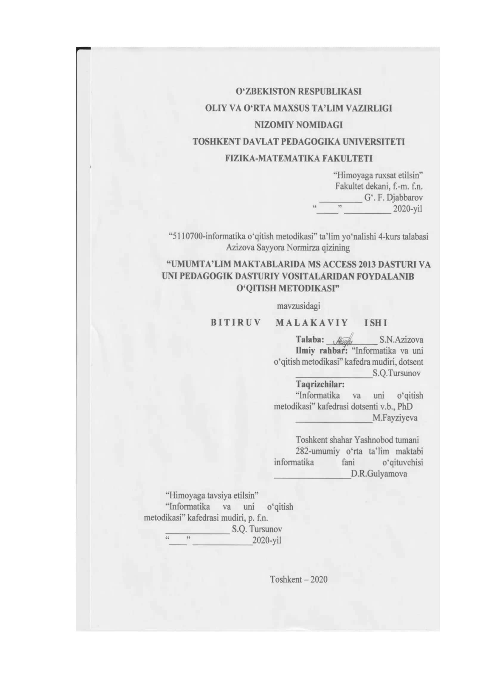 MS ACCESS 2013 DASTURI VA UNI PEDAGOGIK DASTURIY VOSITALARIDAN FOYDALANIB O‘QITISH METODIKASI