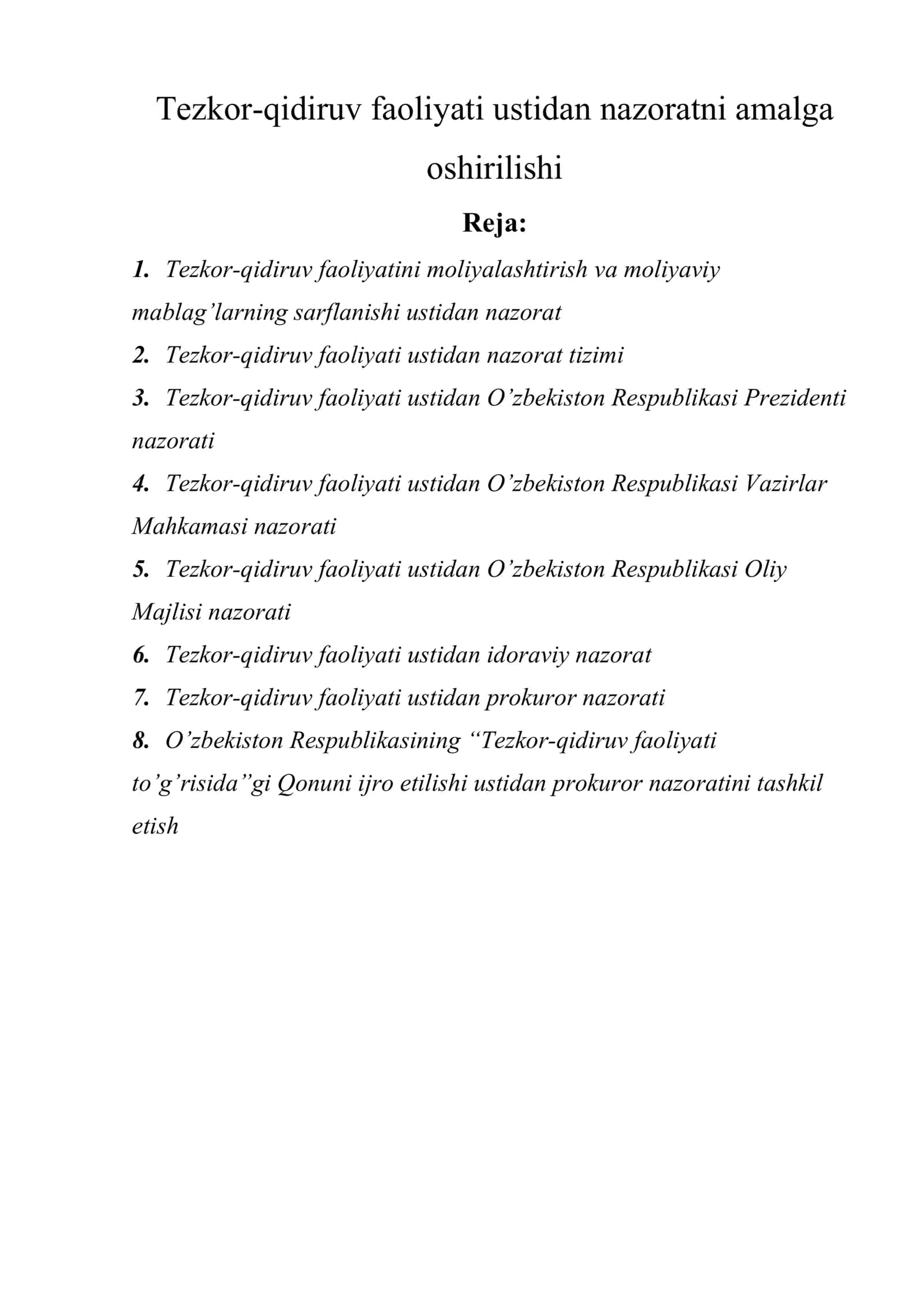 Tezkor-qidiruv faoliyati ustidan nazoratni amalga oshirilishi
