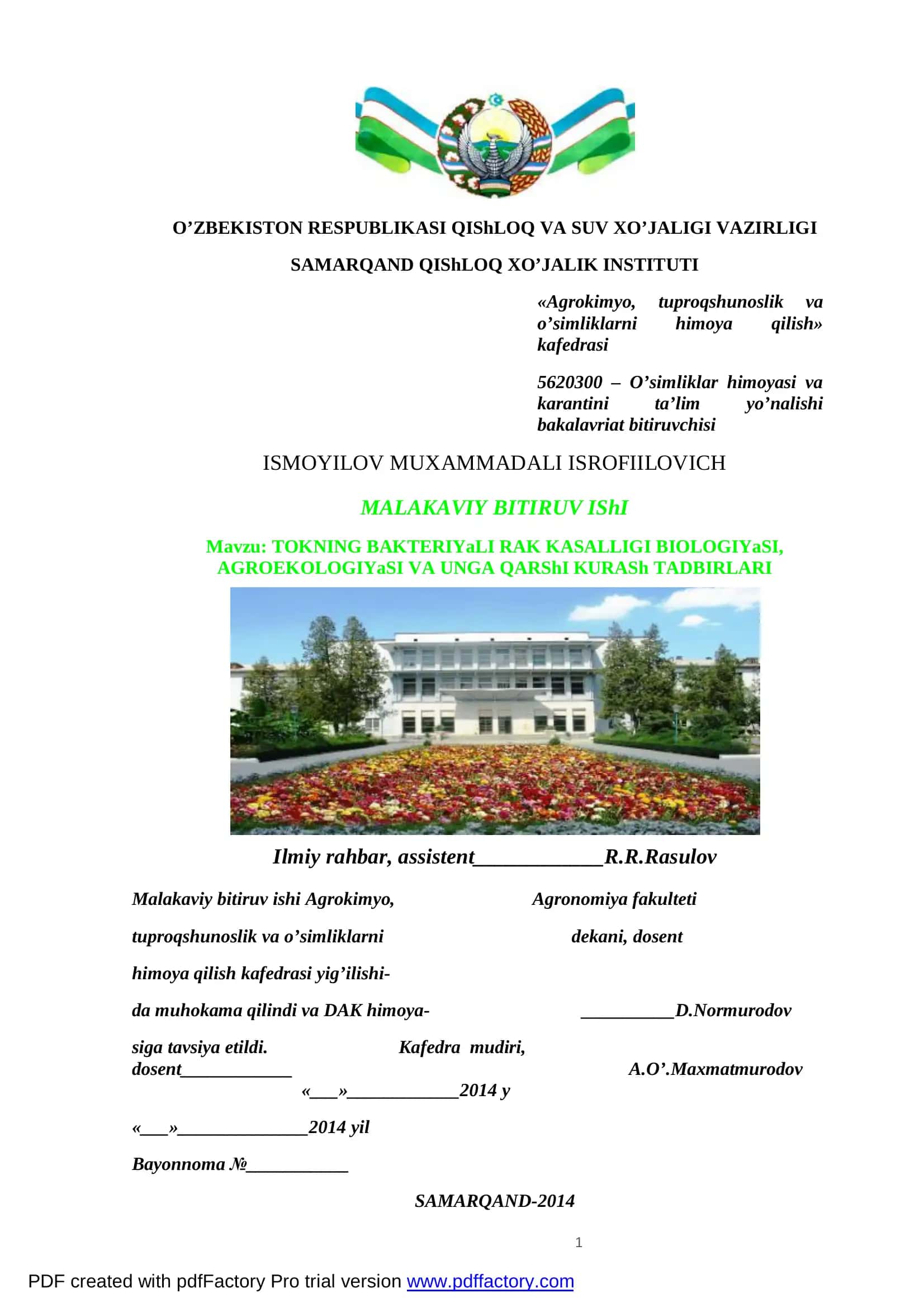 Agrokimyo, tuproqshunoslik va o’simliklarni himoya qilish