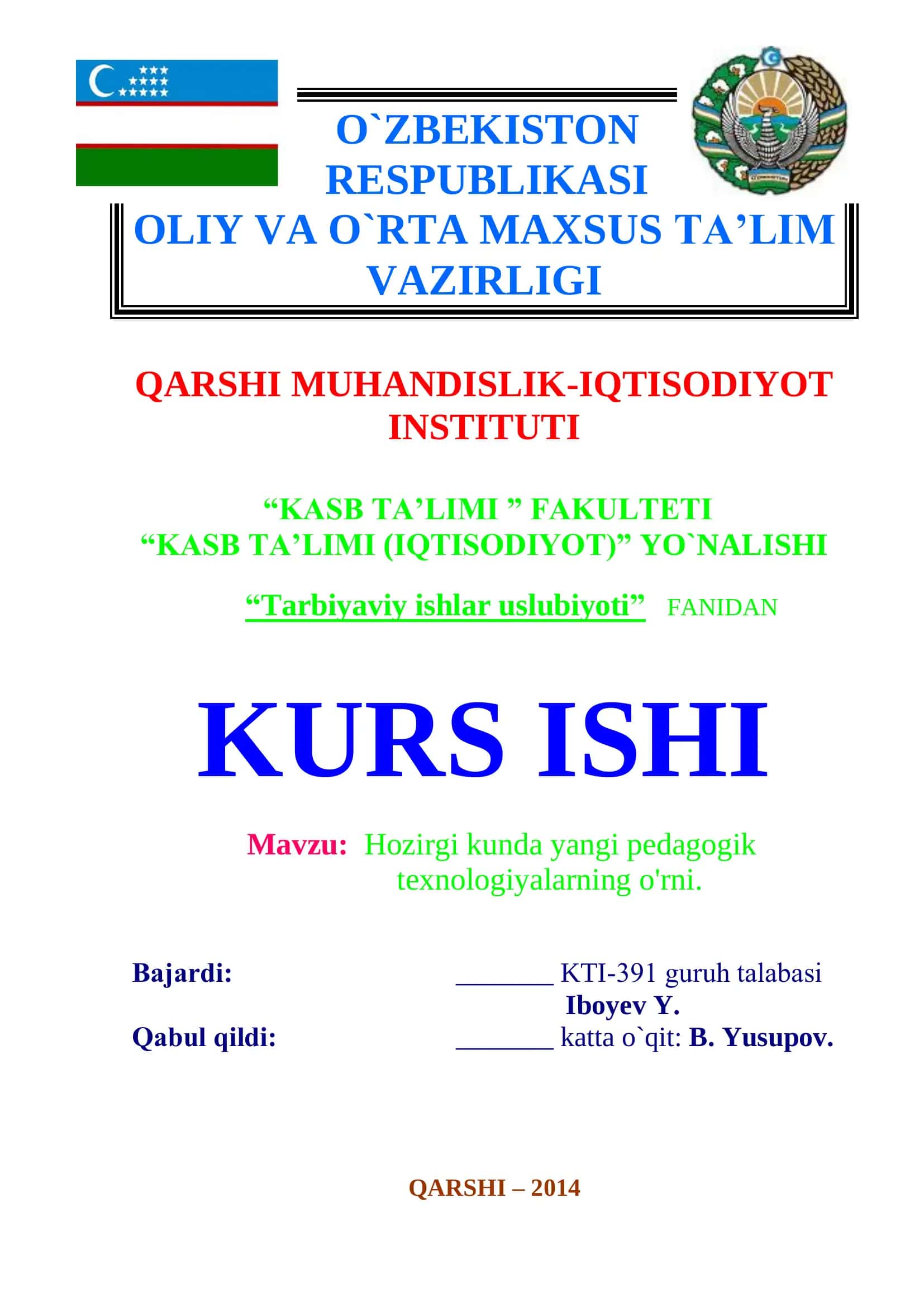 Tarbiyaviy ishlar uslubiyoti kurs ishi