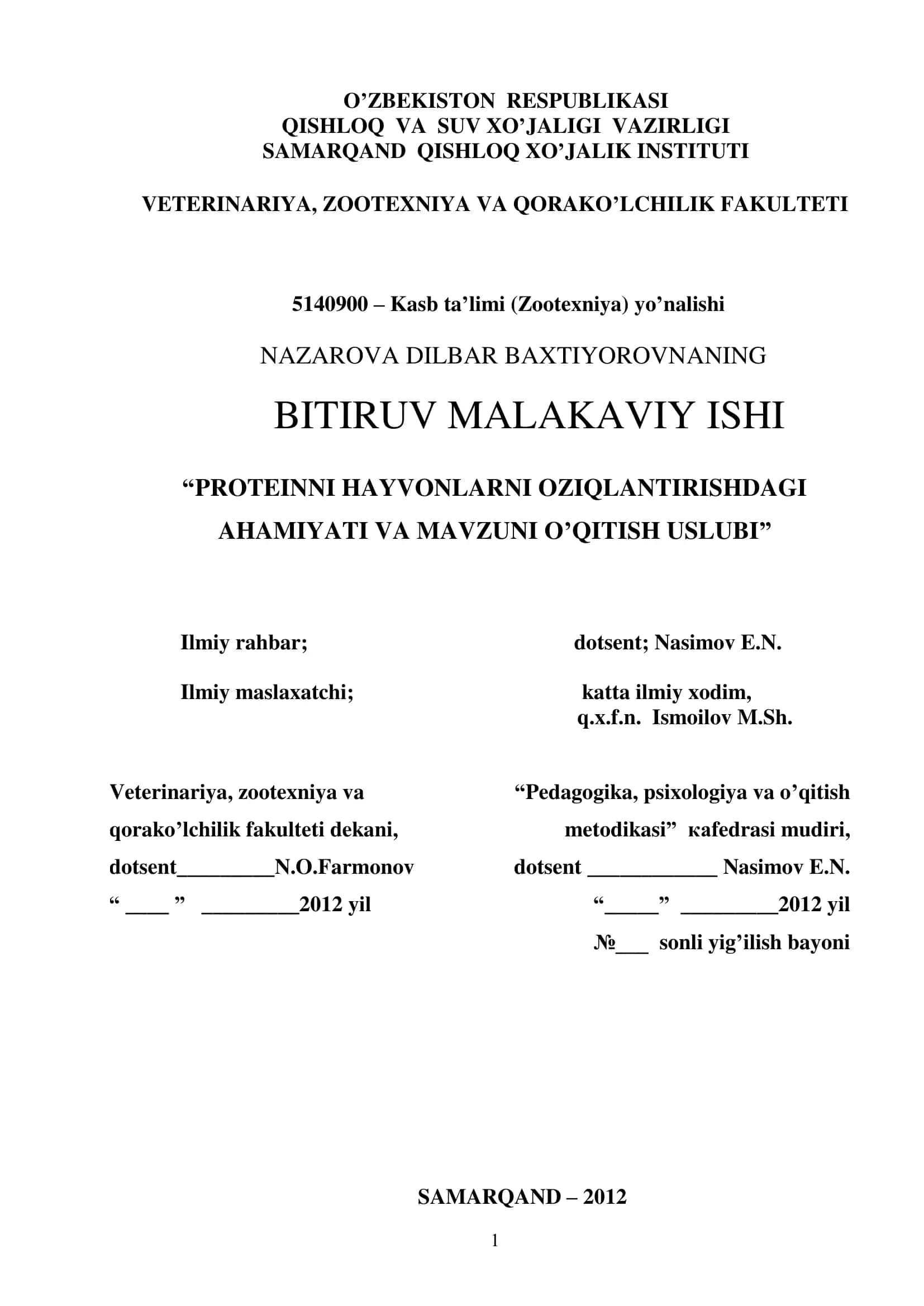 PROTEINNI HAYVONLARNI OZIQLANTIRISHDAGI AHAMIYATI VA MAVZUNI O’QITISH USLUBI
