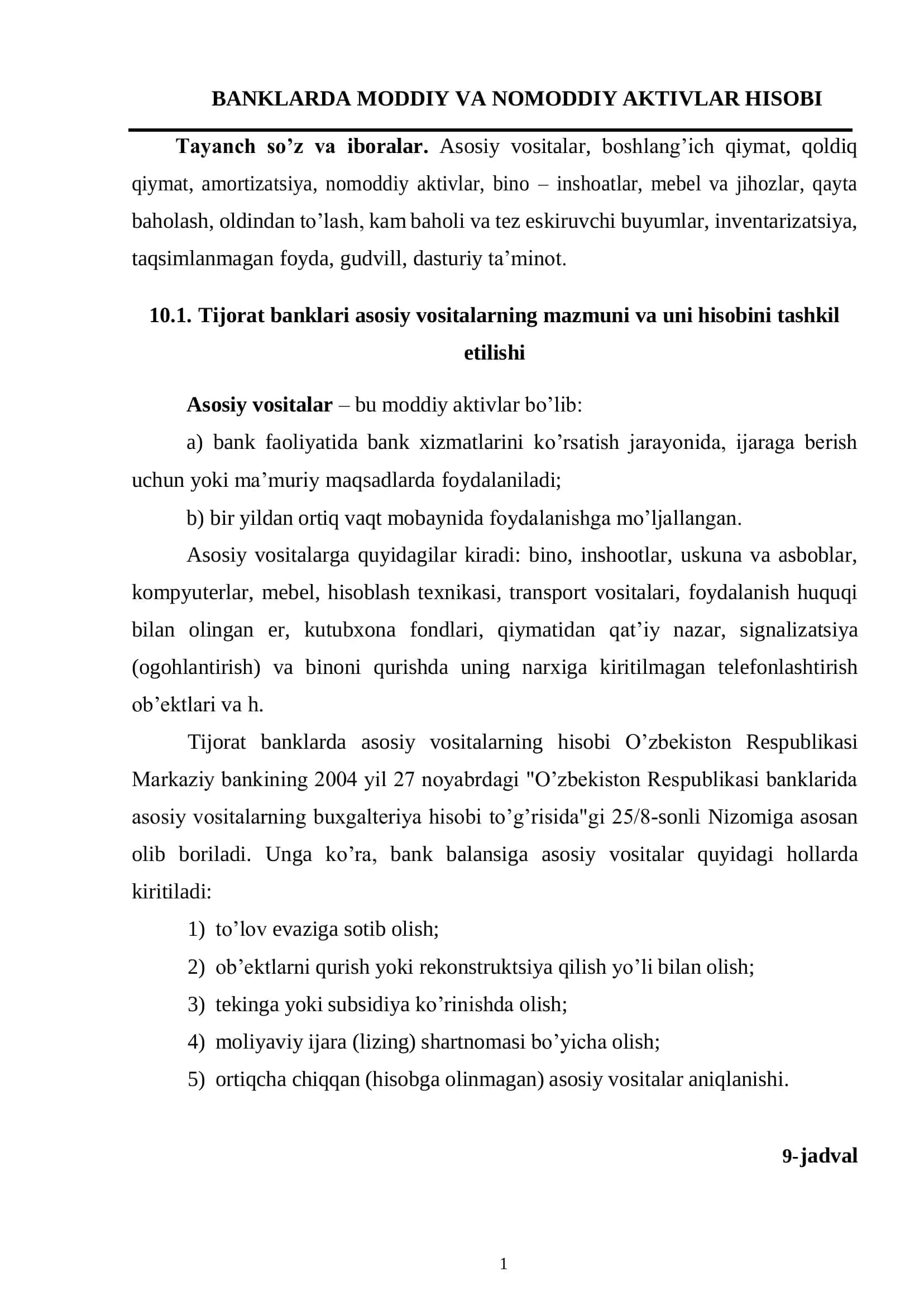 BANKLARDA MODDIY VA NOMODDIY AKTIVLAR HISOBI